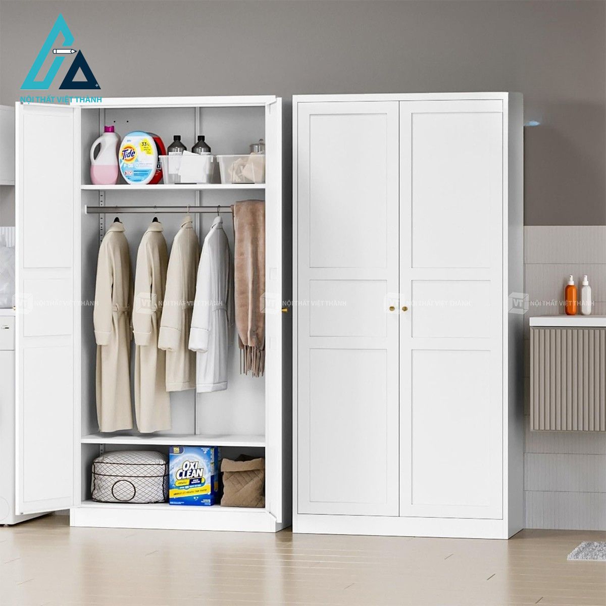 Tủ quần áo MDF sơn PU màu trắng hiện đại thiết kế cao gọn