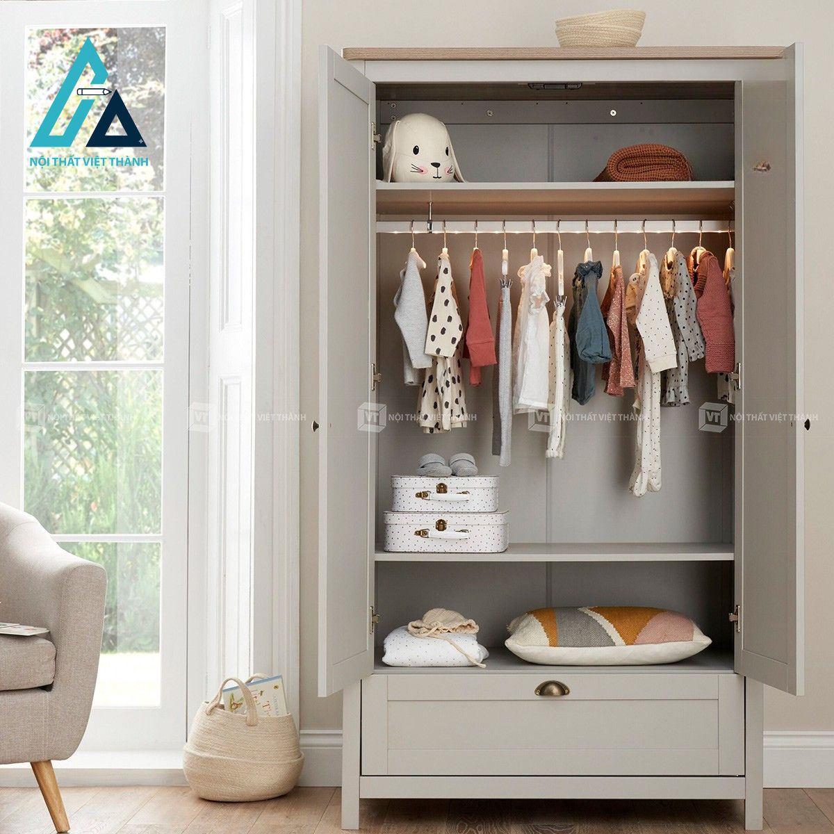 Tủ quần áo trẻ em 2 cánh màu trắng kèm ngăn kéo thiết kế cổ điển