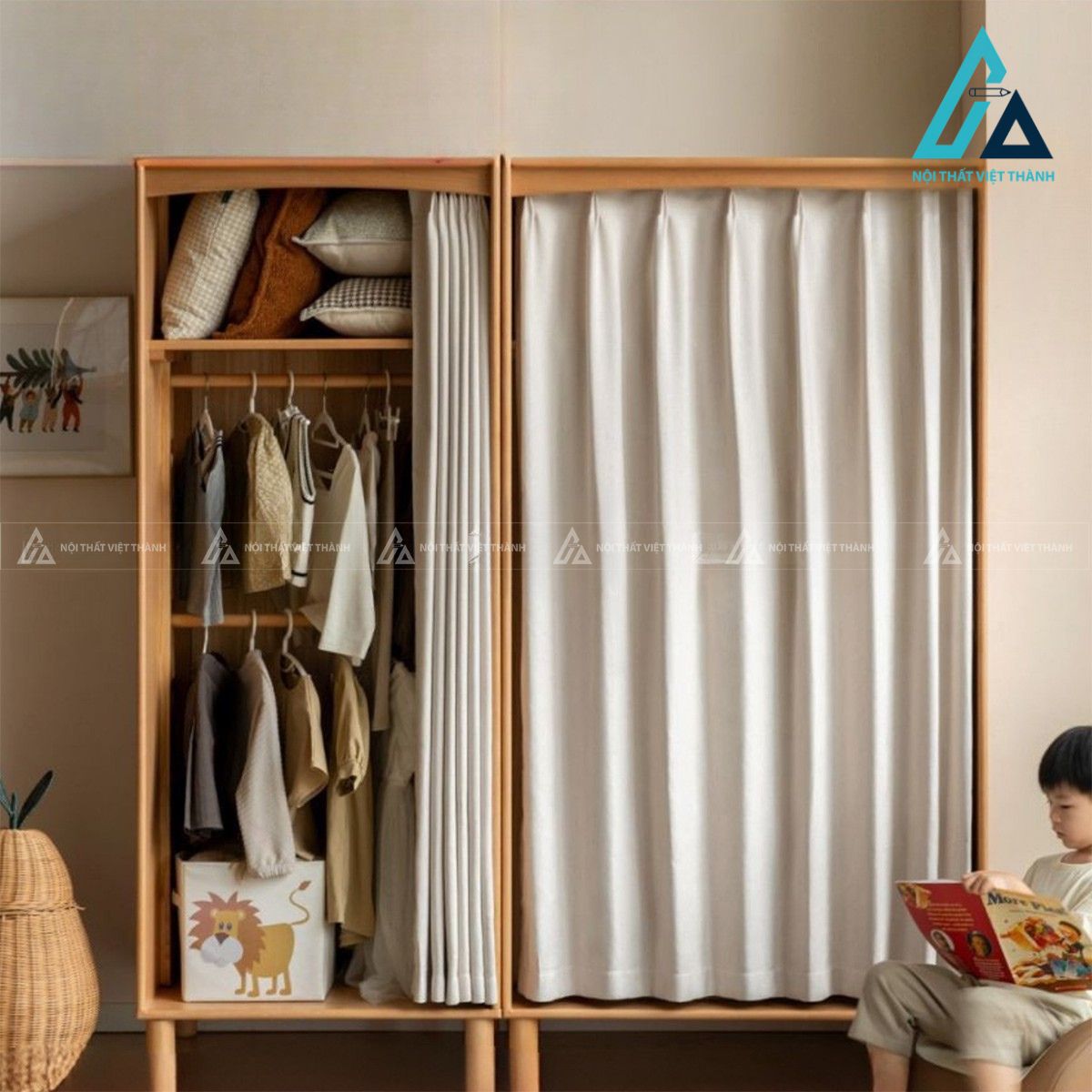 Tủ quần áo trẻ em gỗ sồi tự nhiên cửa rèm thiết kế an toàn 2