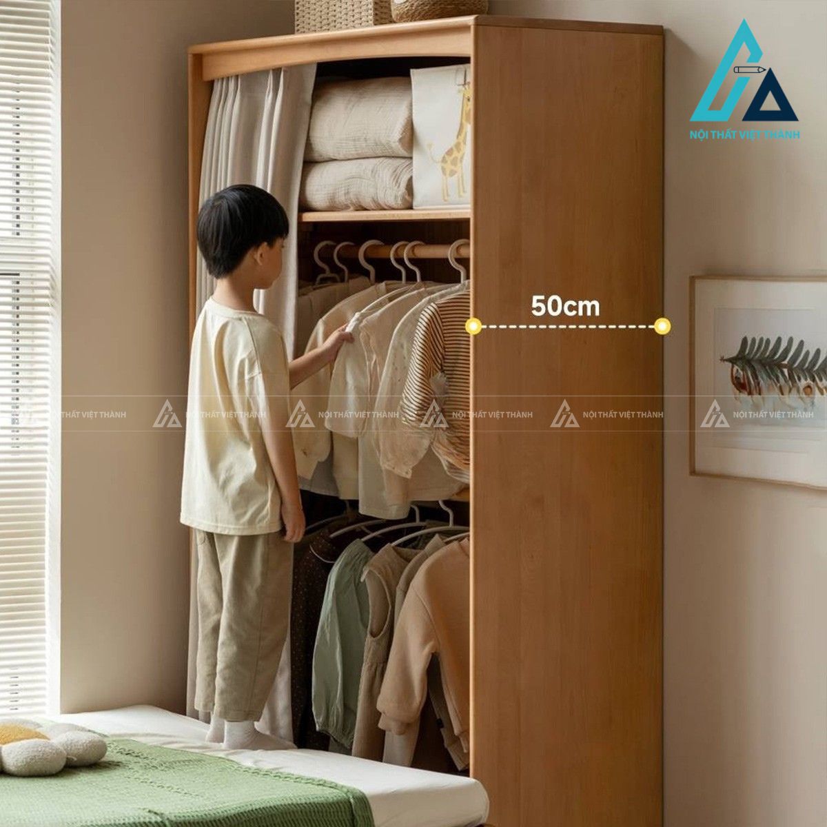 Tủ quần áo trẻ em gỗ sồi tự nhiên cửa rèm thiết kế an toàn 3