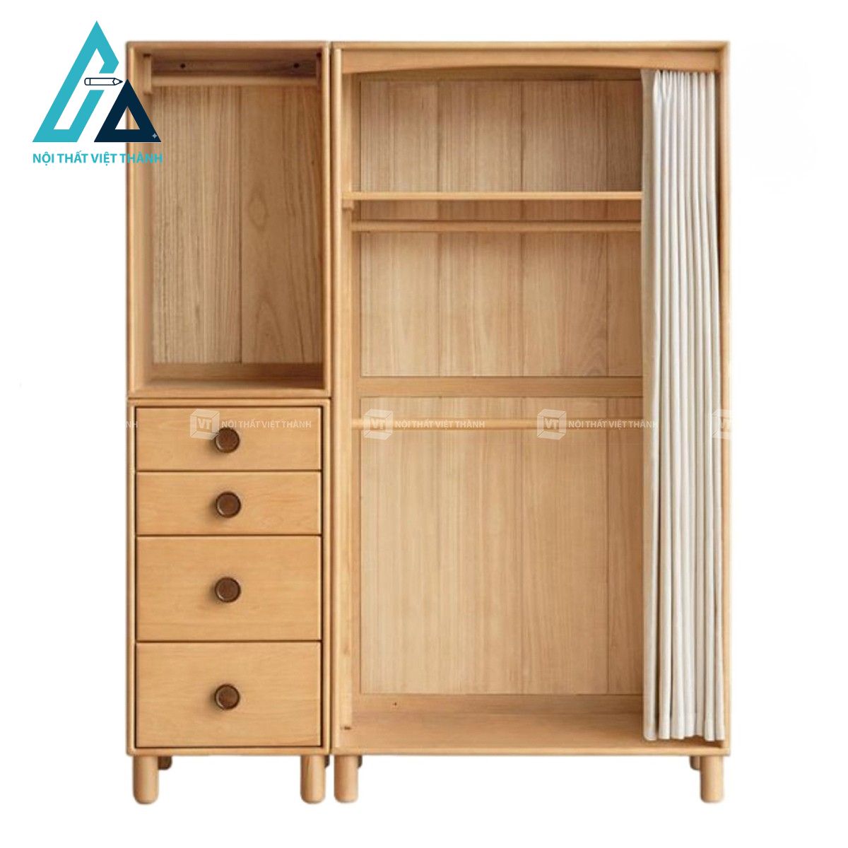 Tủ quần áo trẻ em gỗ sồi tự nhiên cửa rèm thiết kế an toàn