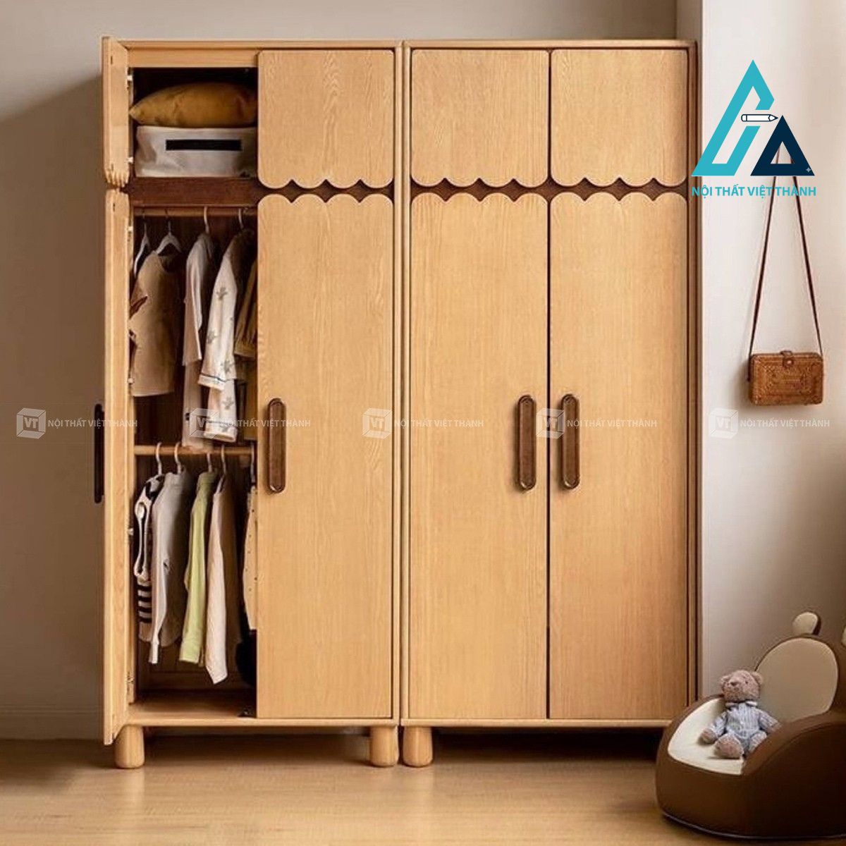 Tủ quần áo trẻ em gỗ sồi tự nhiên thiết kế đa năng