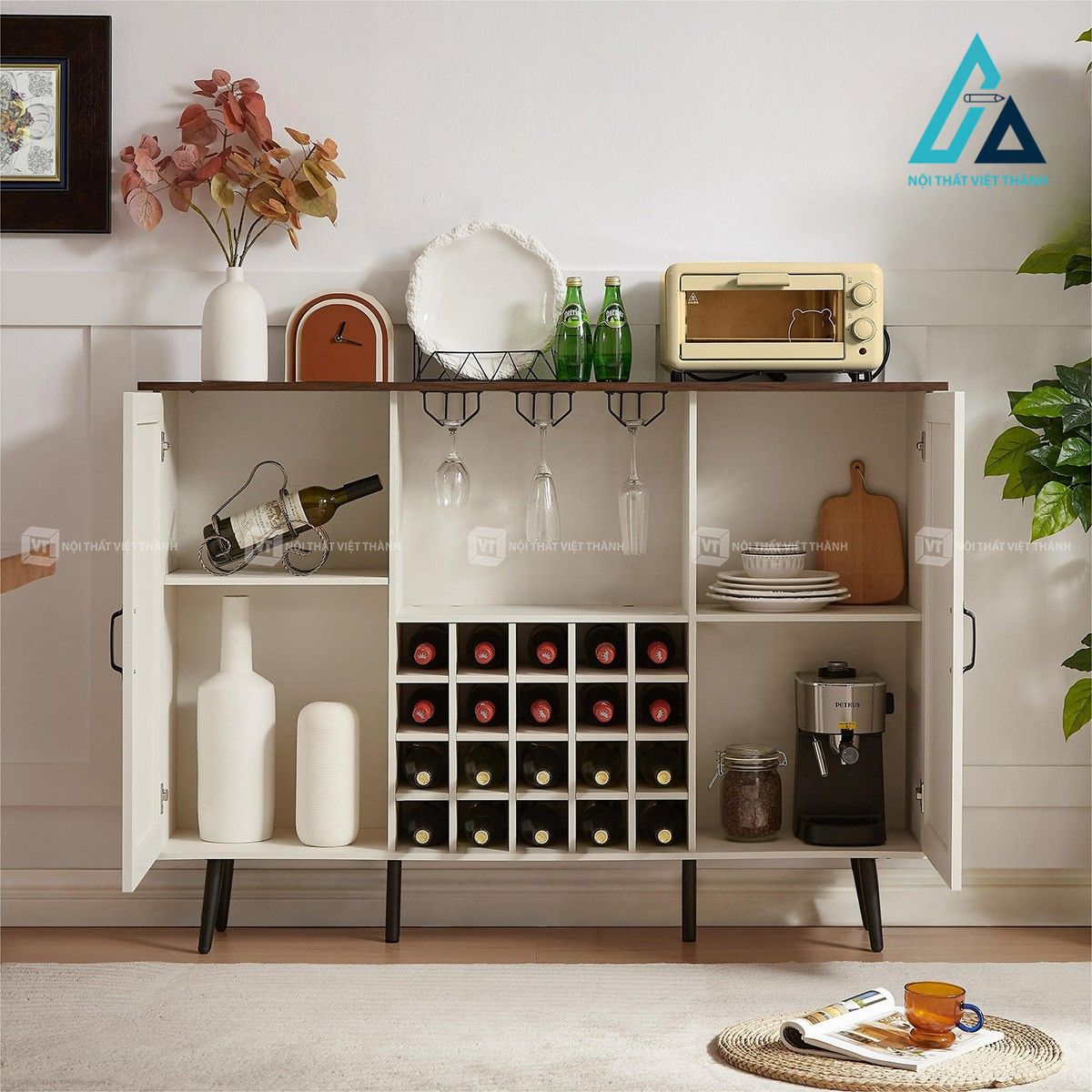 Tủ rượu cửa lùa giả mây trắng kèm kệ để chai và giá treo ly hiện đại 1