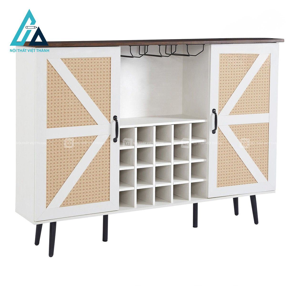 Tủ rượu cửa lùa giả mây trắng kèm kệ để chai và giá treo ly hiện đại 2
