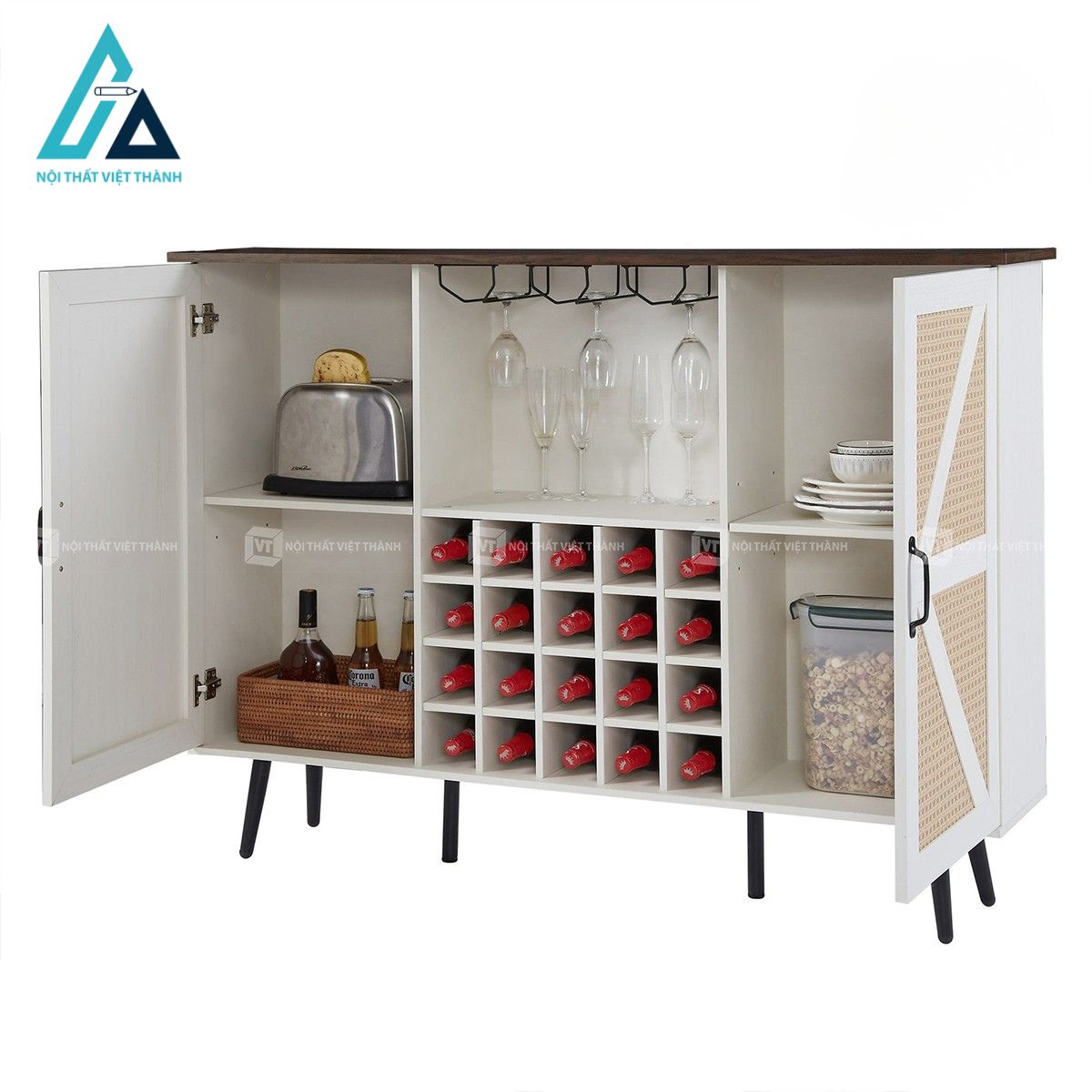 Tủ rượu cửa lùa giả mây trắng kèm kệ để chai và giá treo ly hiện đại 3