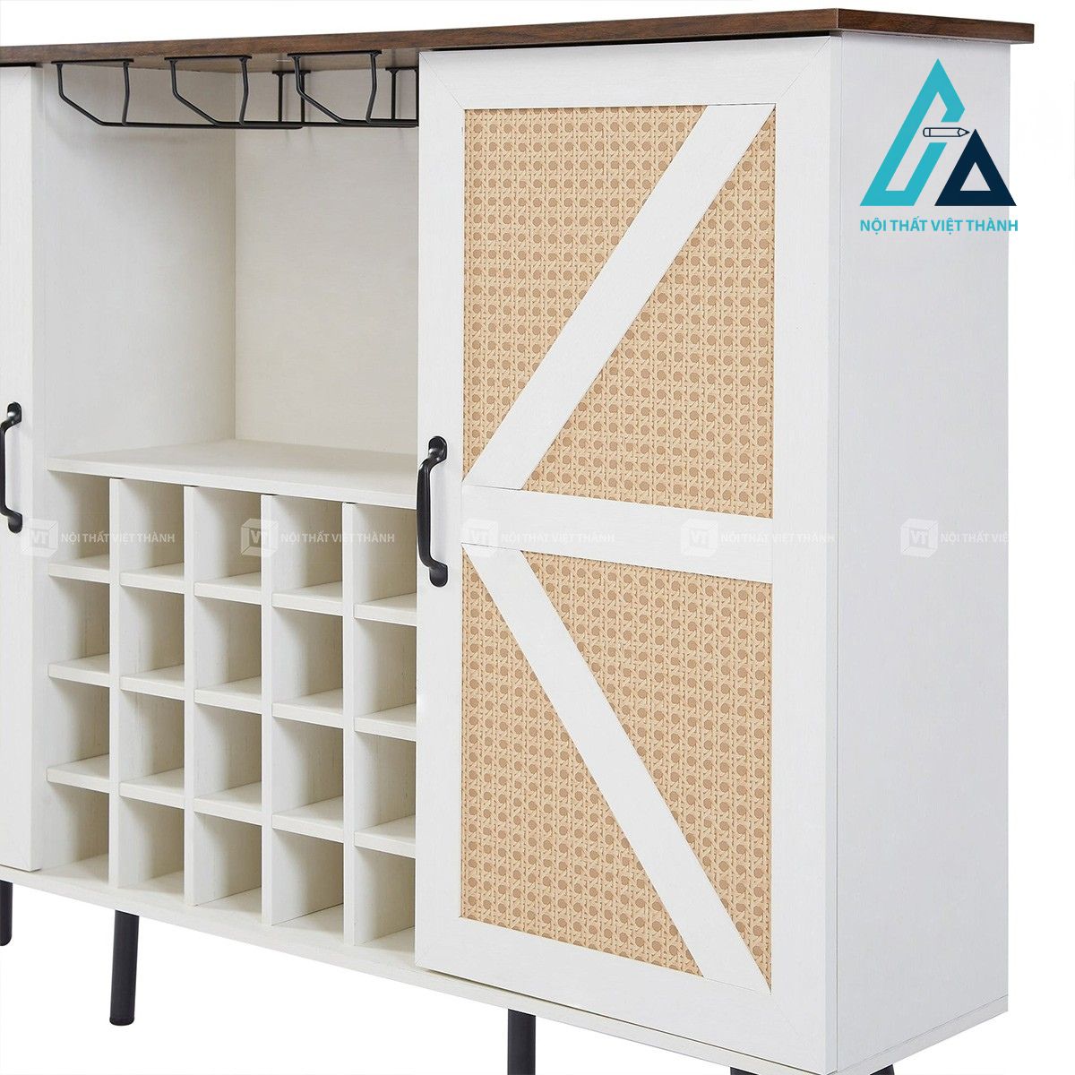 Tủ rượu cửa lùa giả mây trắng kèm kệ để chai và giá treo ly hiện đại 4