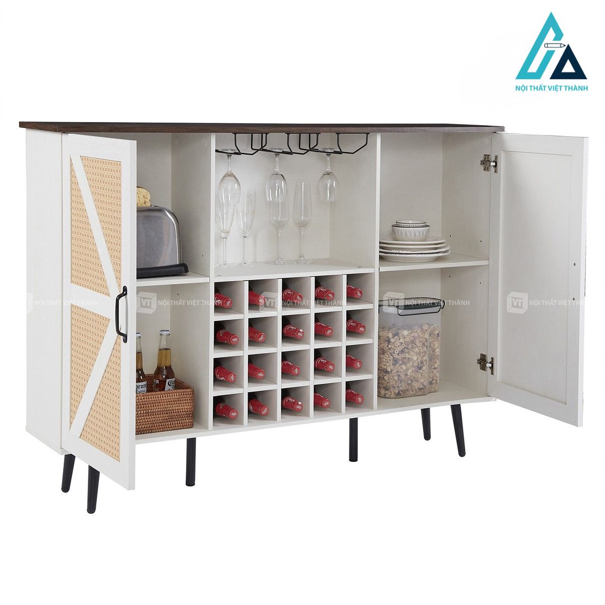 Tủ rượu cửa lùa giả mây trắng kèm kệ để chai và giá treo ly hiện đại 6