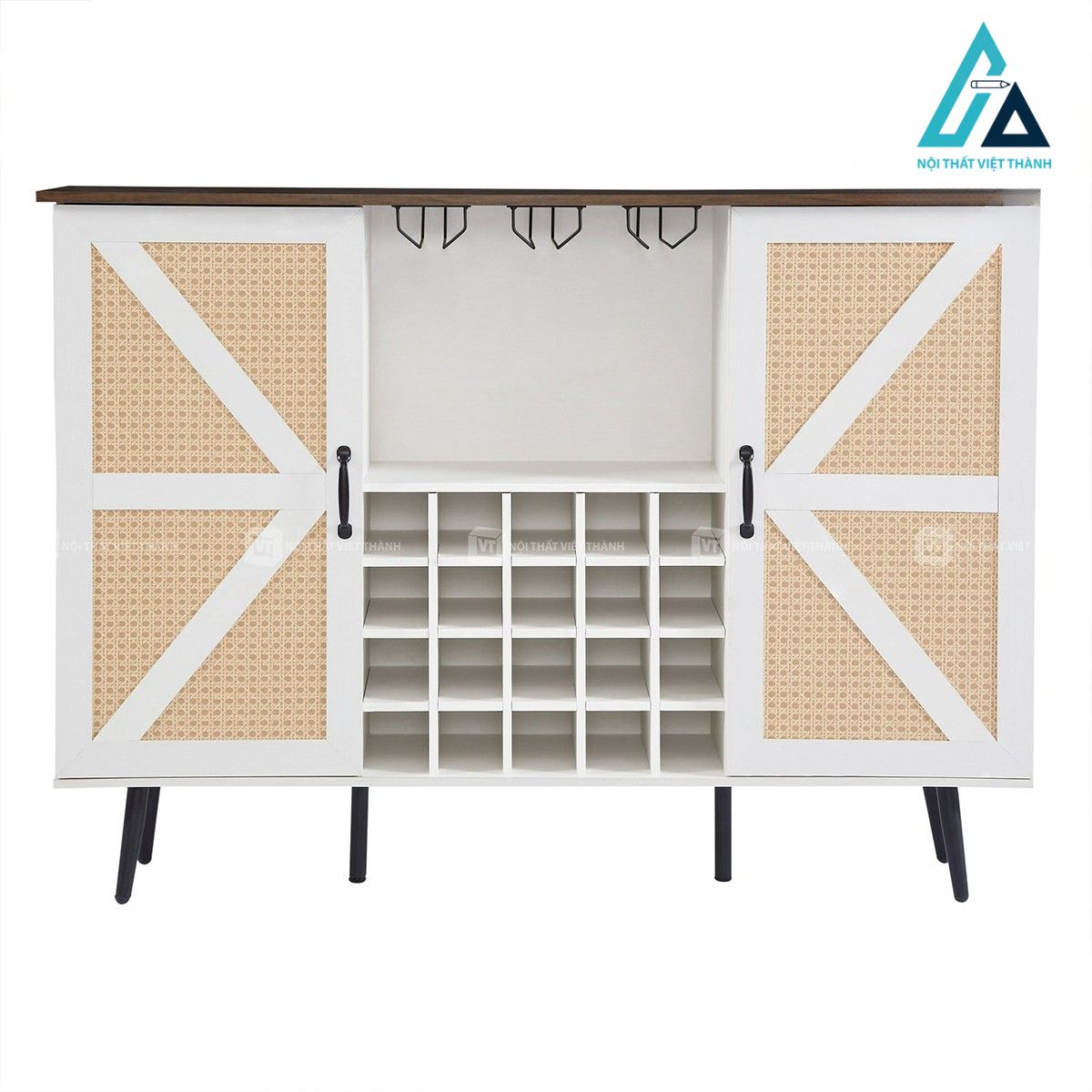 Tủ rượu cửa lùa giả mây trắng kèm kệ để chai và giá treo ly hiện đại 7