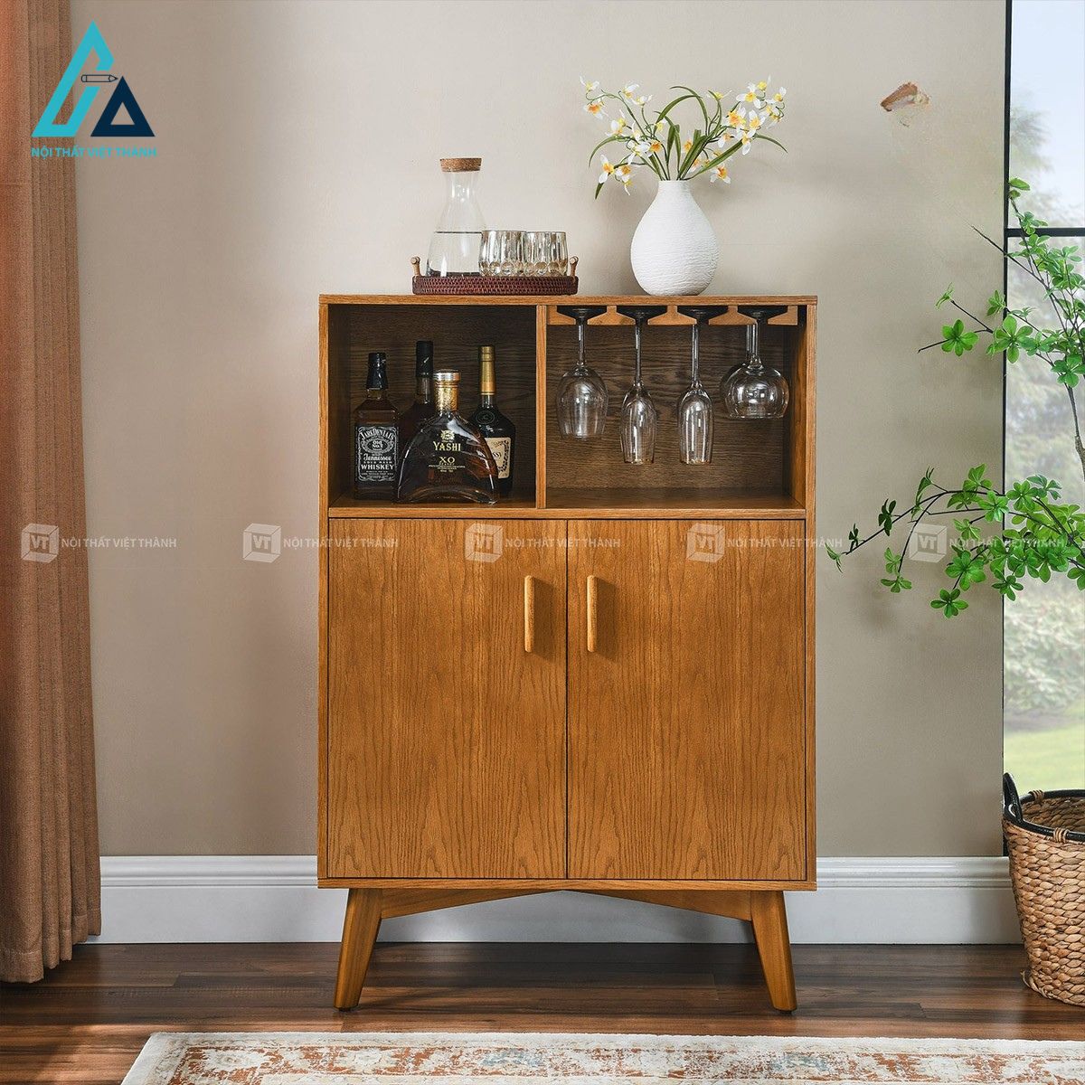 Tủ rượu gỗ MDF kèm giá treo ly và kệ để chai 1