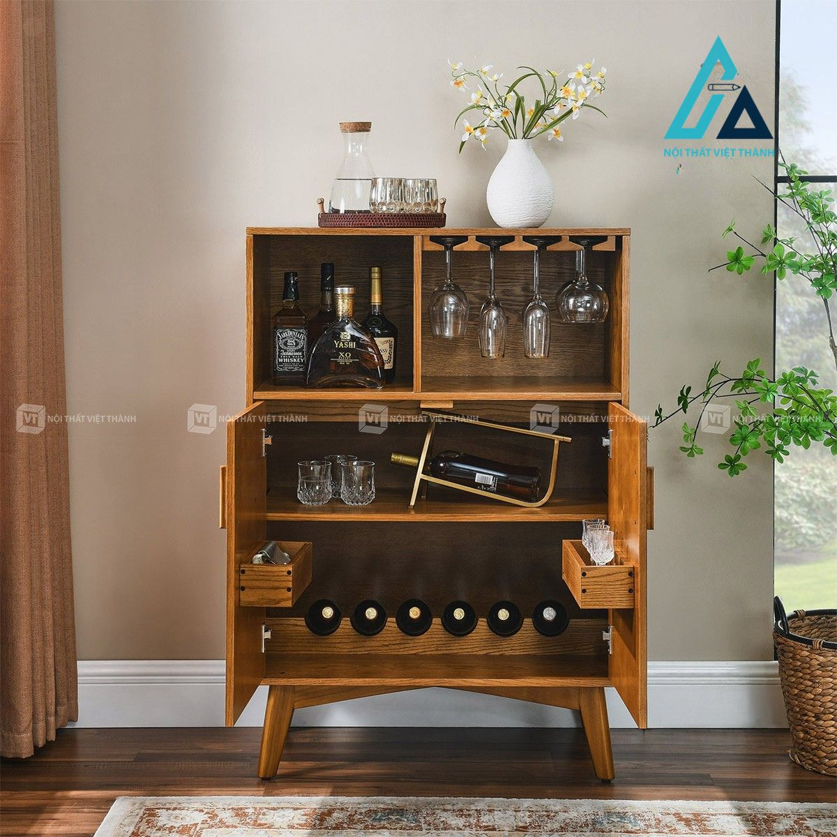 Tủ rượu gỗ MDF kèm giá treo ly và kệ để chai 6