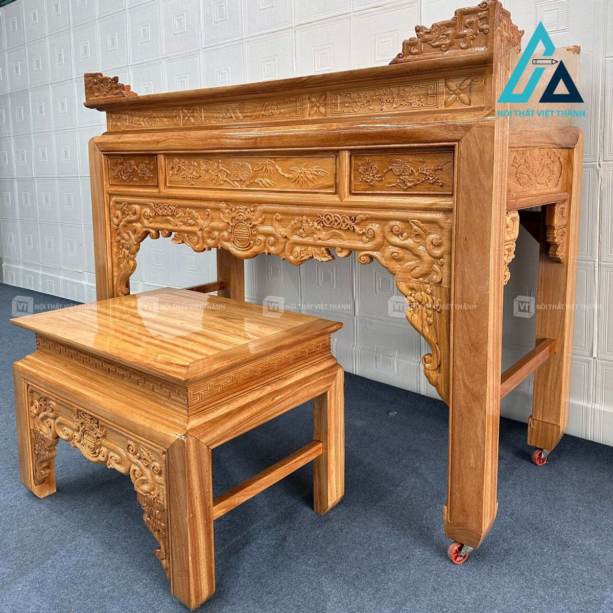 Tủ thờ án gian gỗ gõ chạm khắc Mai Cúc Trúc kèm bàn cúng cơm trang nghiêm 2