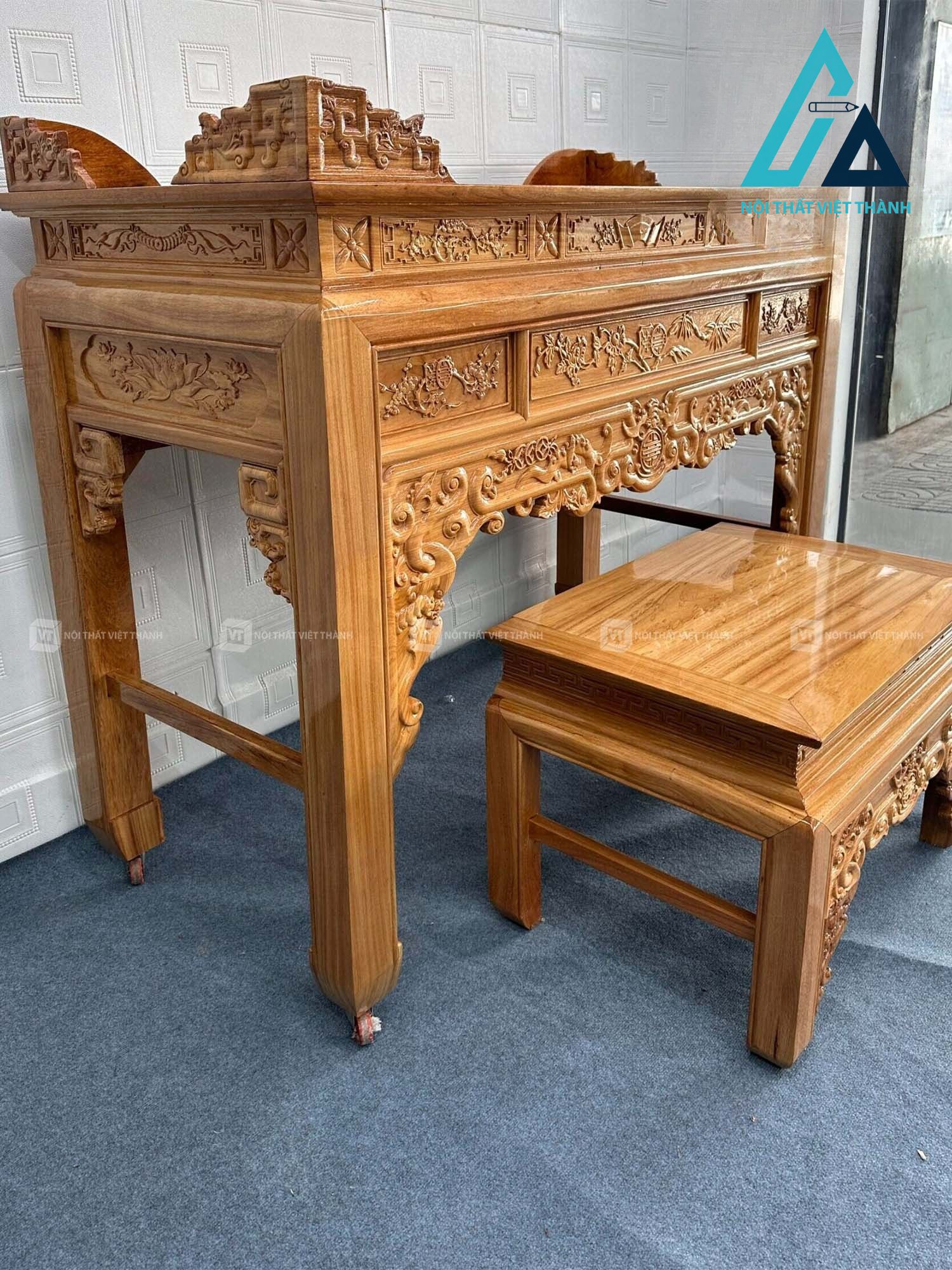 Tủ thờ án gian gỗ gõ chạm khắc Mai Cúc Trúc kèm bàn cúng cơm trang nghiêm 3