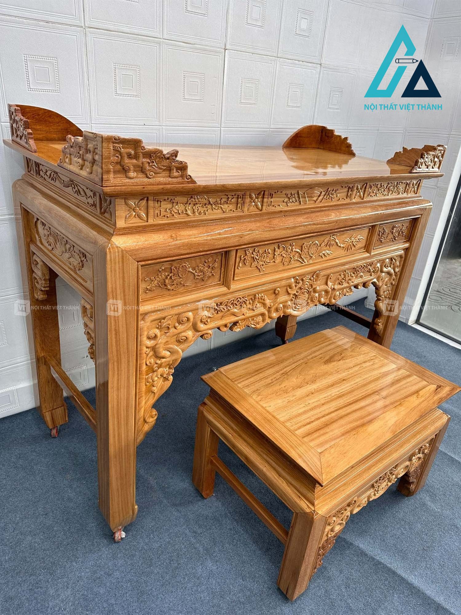 Tủ thờ án gian gỗ gõ chạm khắc Mai Cúc Trúc kèm bàn cúng cơm trang nghiêm 4