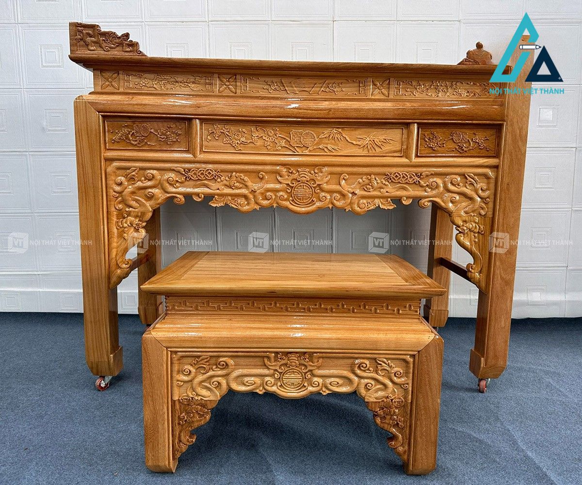 Tủ thờ án gian gỗ gõ chạm khắc Mai Cúc Trúc kèm bàn cúng cơm trang nghiêm