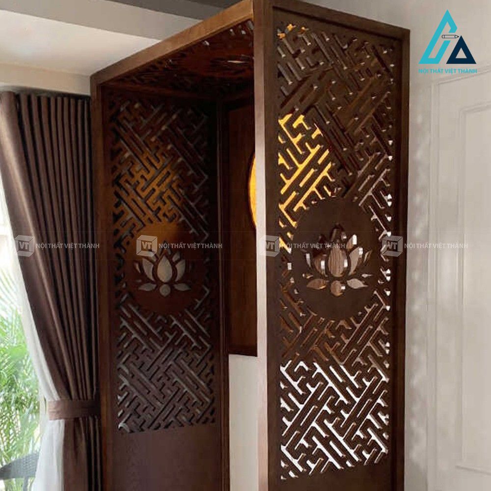 Vách ngăn phòng thờ gỗ tự nhiên hoa sen trang trí hiện đại 2