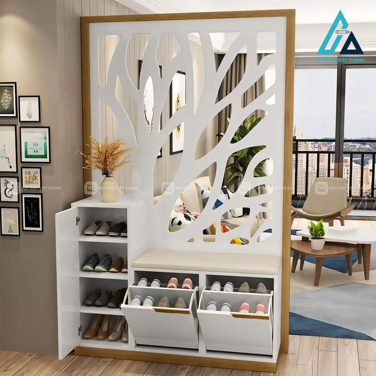 Vách trang trí kết hợp tủ giày màu trắng phong cách hiện đại 1