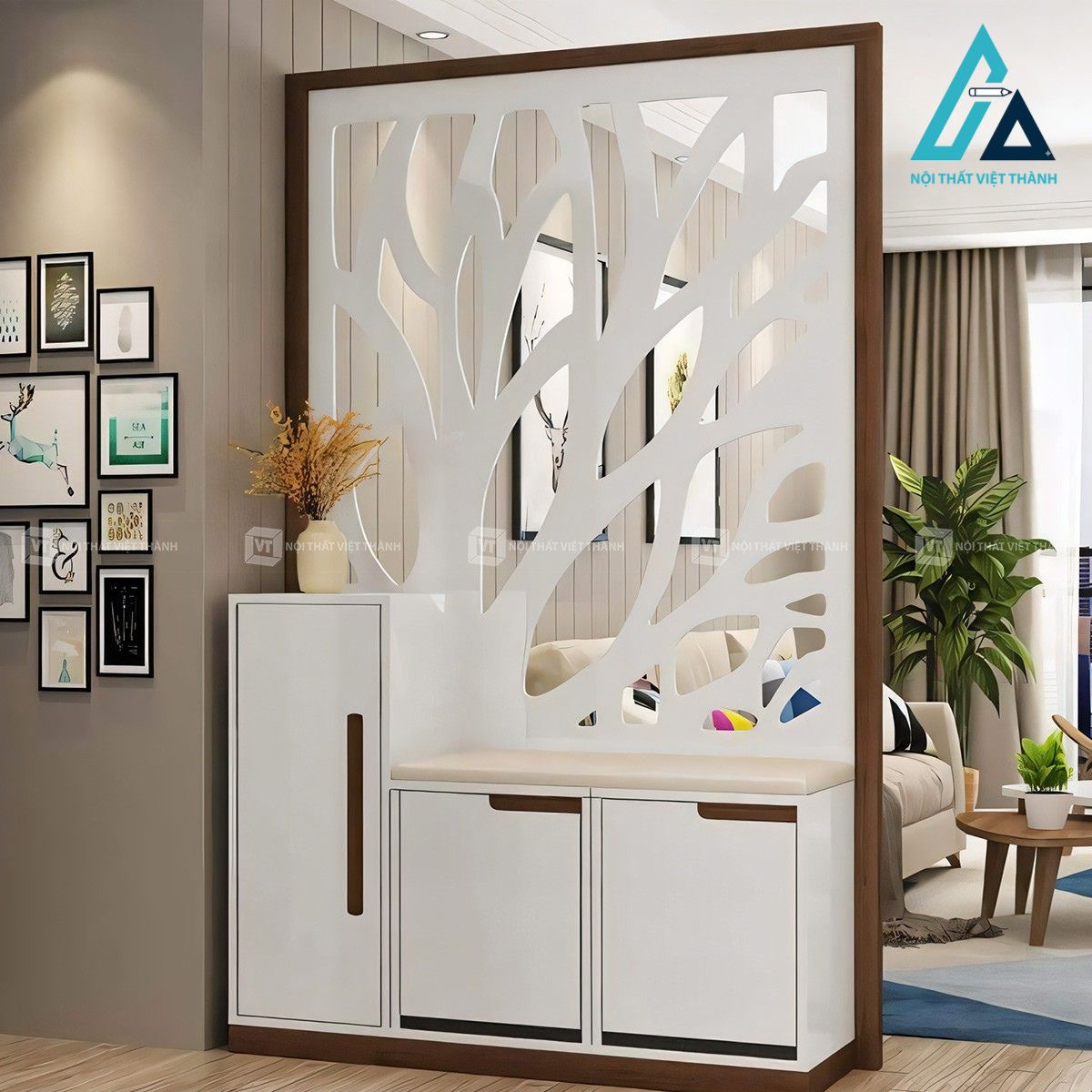Vách trang trí kết hợp tủ giày màu trắng phong cách hiện đại