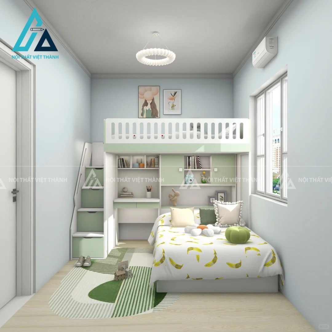 Giường tầng màu pastel nhẹ nhàng kết hợp nghỉ ngơi và học tập