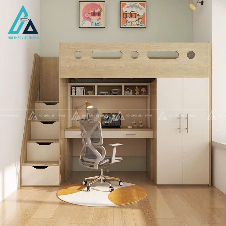 Giường tầng tone vàng với kết cấu chắc chắn
