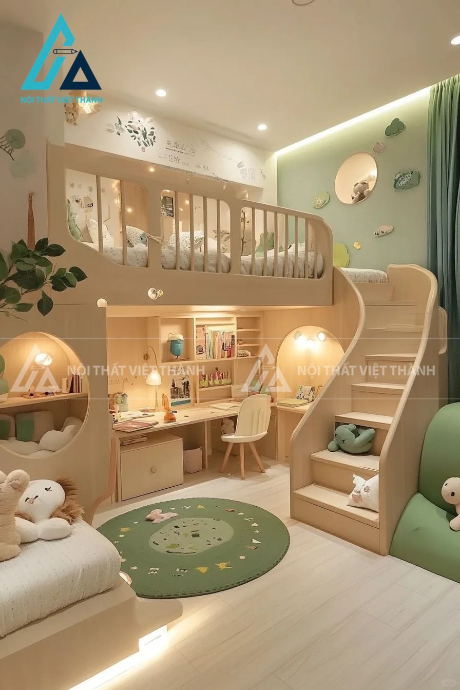 Giường tầng kết hợp bàn học tone vàng ấm cúng