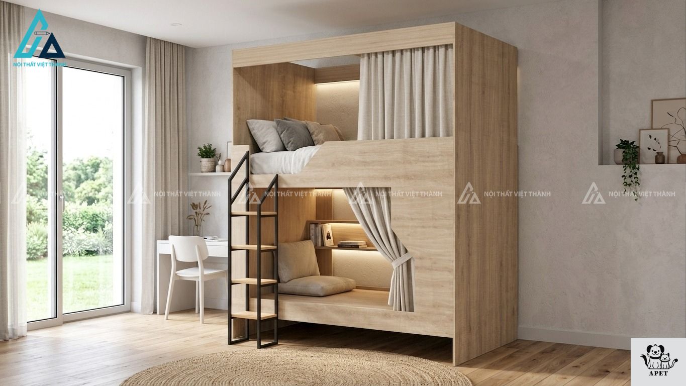 Giường tầng vàng có góc đọc sách cho bé