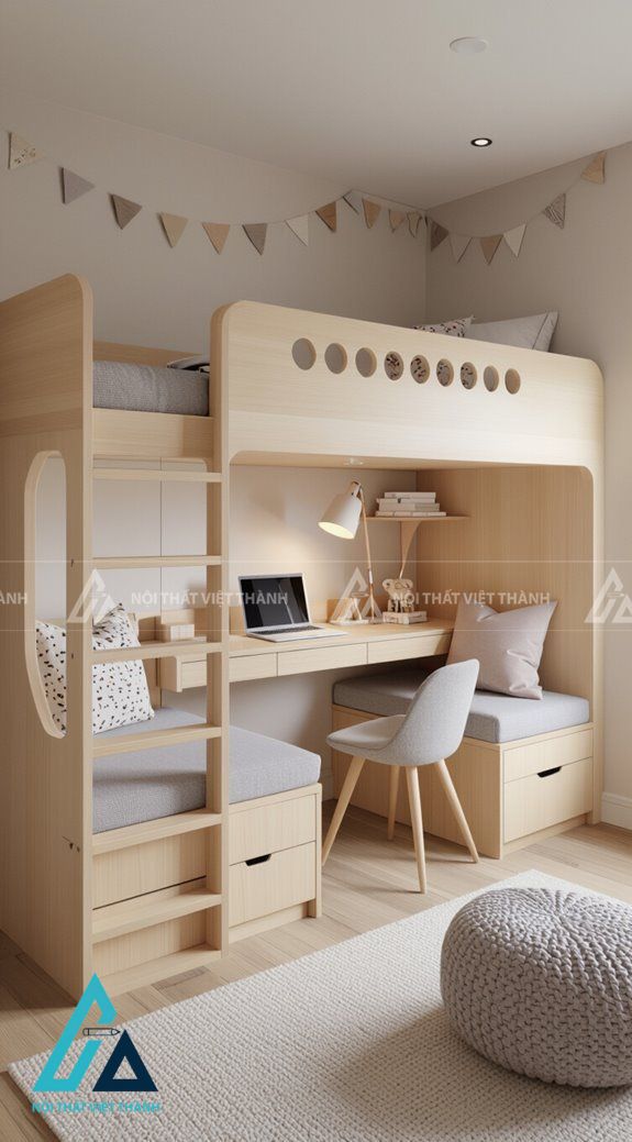Giường tằng tone be vàng trẻ trung có góc bàn học tập nhỏ