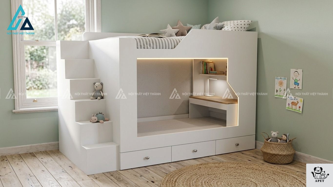 Giường tầng trắng có bàn học- thiết kế thông minh