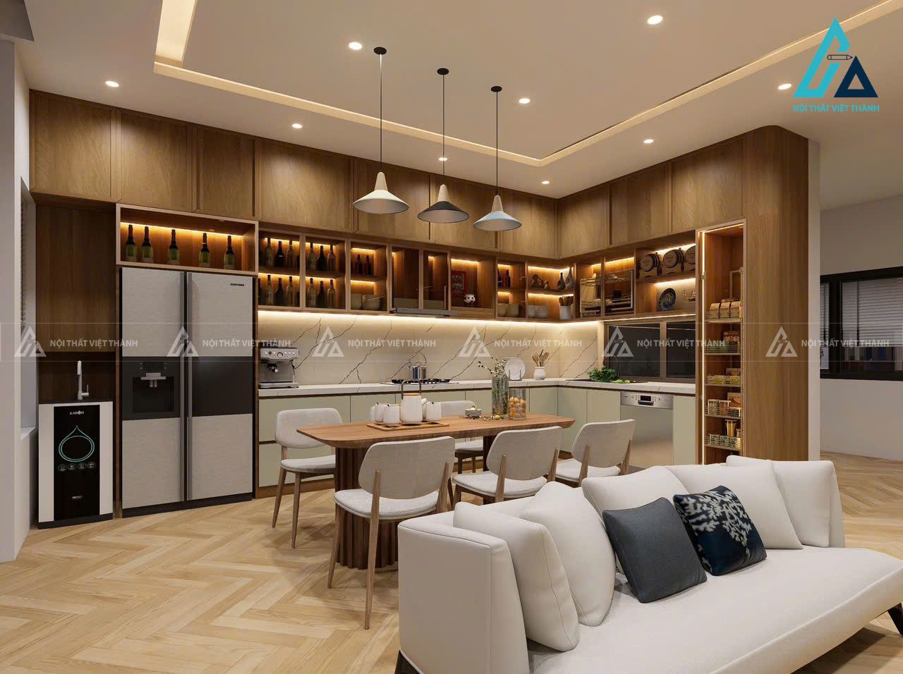 Nhà bếp sang trọng với hệ tủ kết hợp đèn led
