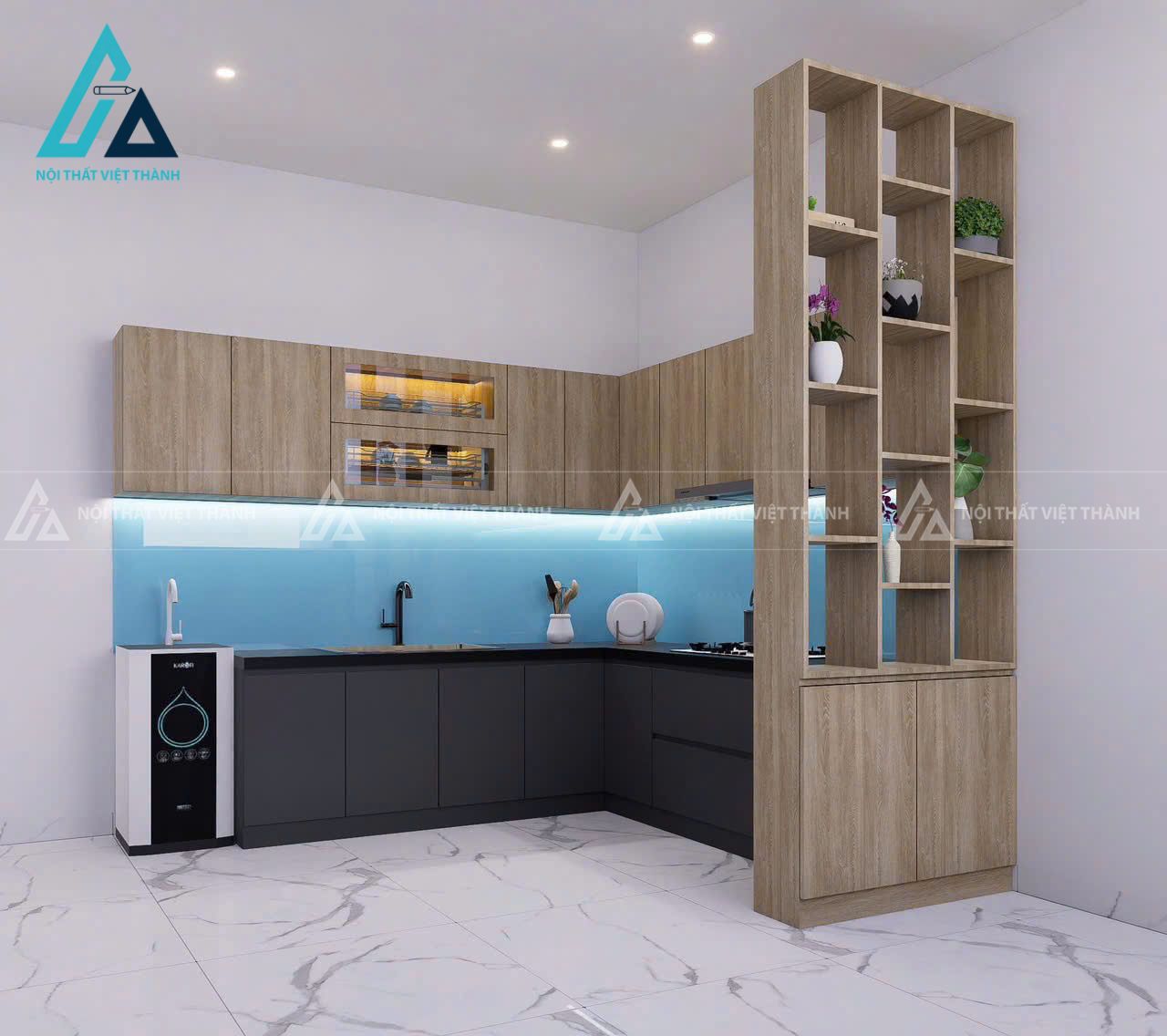 Góc bếp có vách ngăn gỗ công nghiệp đồng bộ với tủ bếp