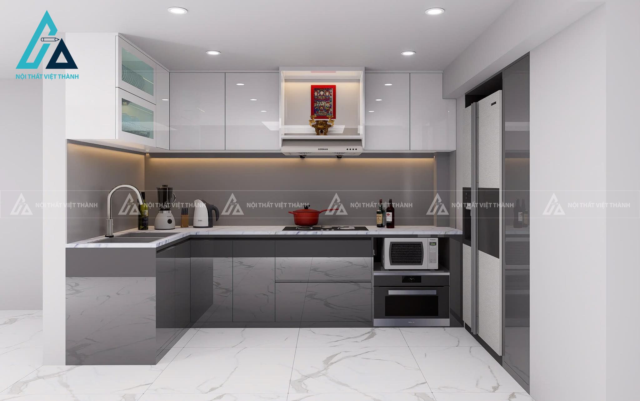 Nhà bếp tone xám- trắng đầy đủ công năng