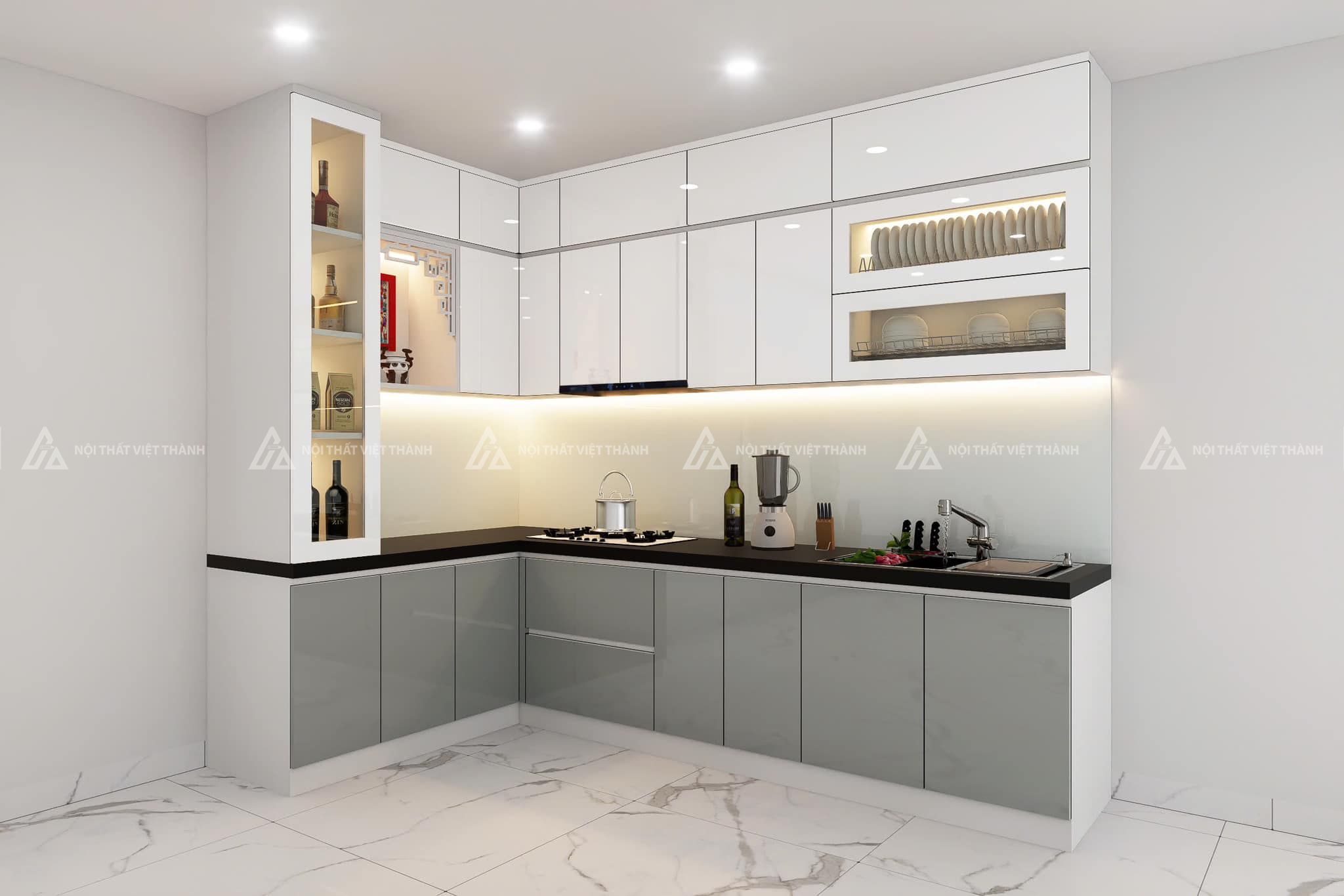 Thiết kế tủ bếp Acrylic bóng gương hiện đại, sang trọng