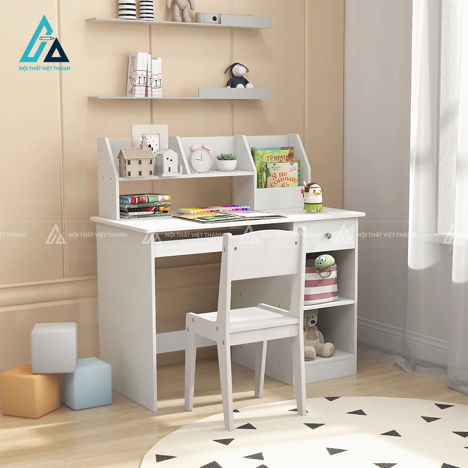 Bàn Học Cho Bé Có Giá Sách Mini Và Ngăn Kéo Tiện Lợi