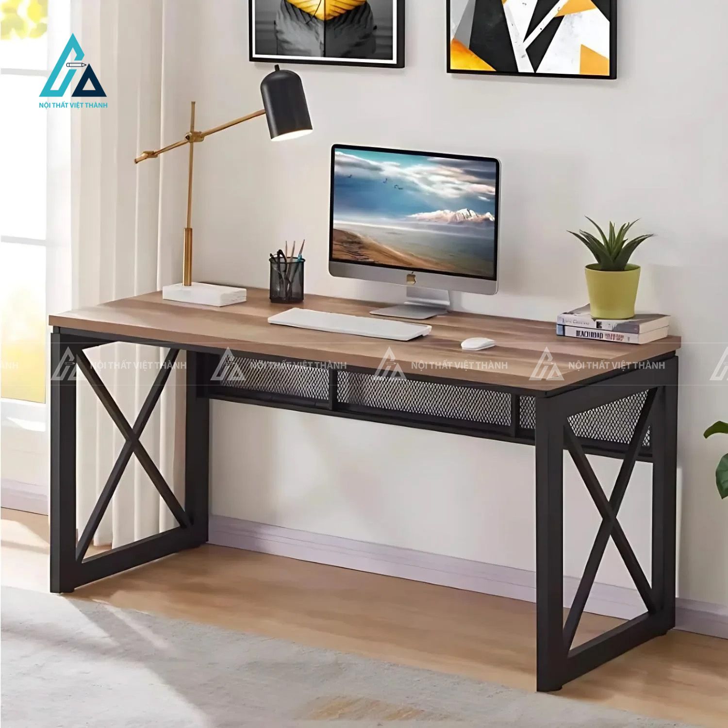 Bàn Học Sinh Chân Khung Sắt Chữ X Mặt Bàn Vân Gỗ Hiện Đại