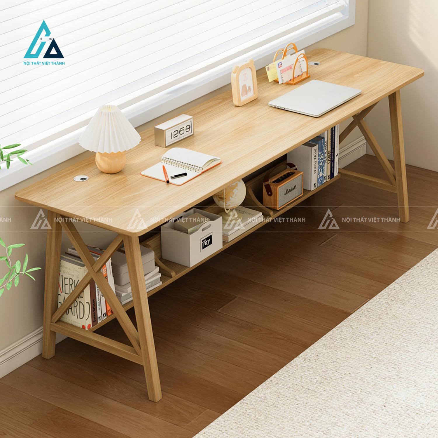 Bàn Học Sinh Dáng Dài Khung Gỗ Chân Chữ X Hiện Đại