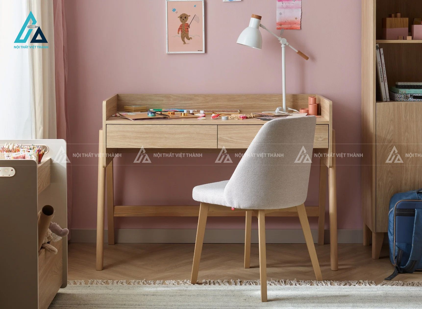 Bàn Học Sinh Gỗ Sồi Thiết Kế Gờ Chắn Ba Cạnh Chống Rơi Đồ 1