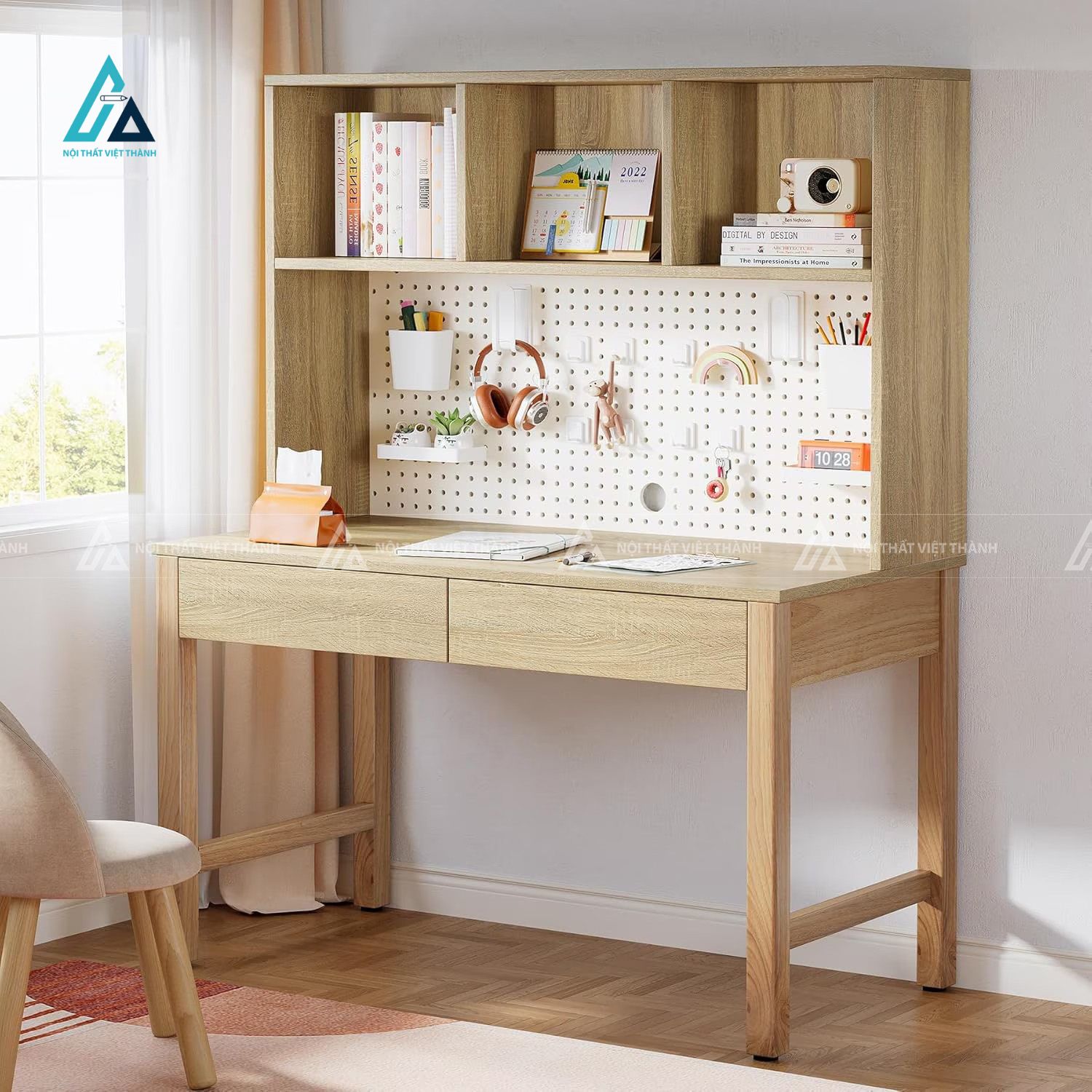 Bàn Học Gỗ Hiện Đại Màu Sáng Có Ngăn Kéo Và Kệ Đồ Nhiều Ngăn
