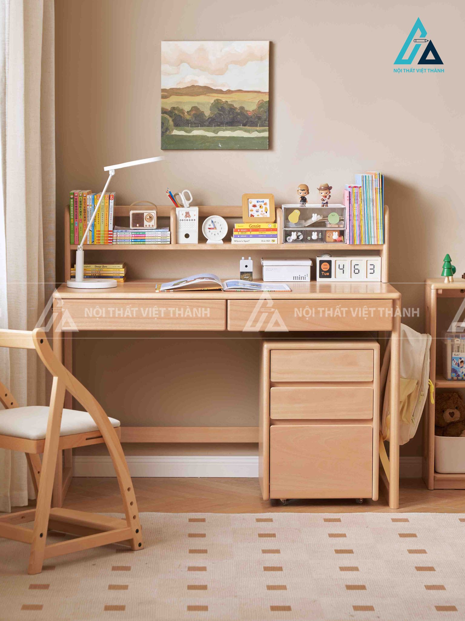 Bàn Học Sinh Thiết Kế Liền Giá Sách Và Tủ Ngăn Kéo Di Động