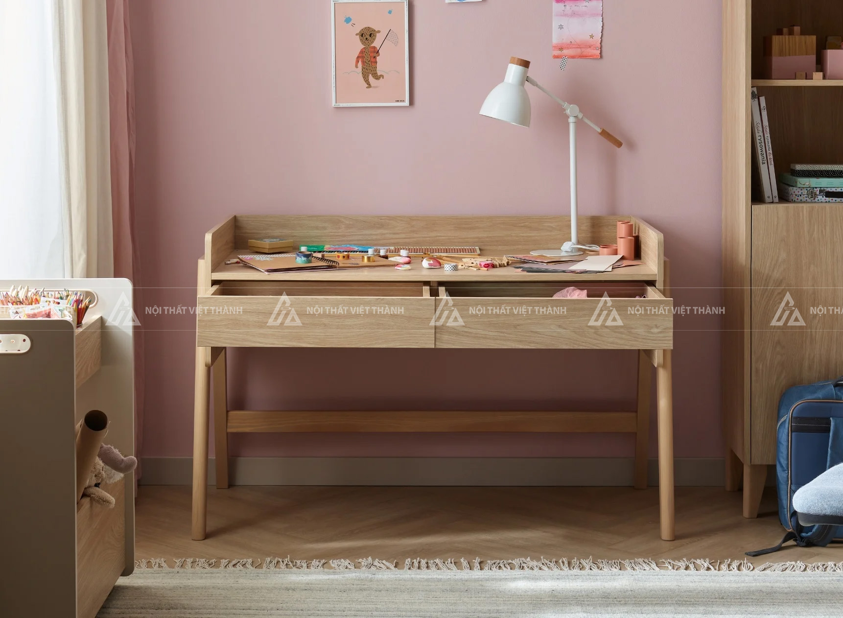 Bàn Học Sinh Gỗ Sồi Thiết Kế Gờ Chắn Ba Cạnh Chống Rơi Đồ 2