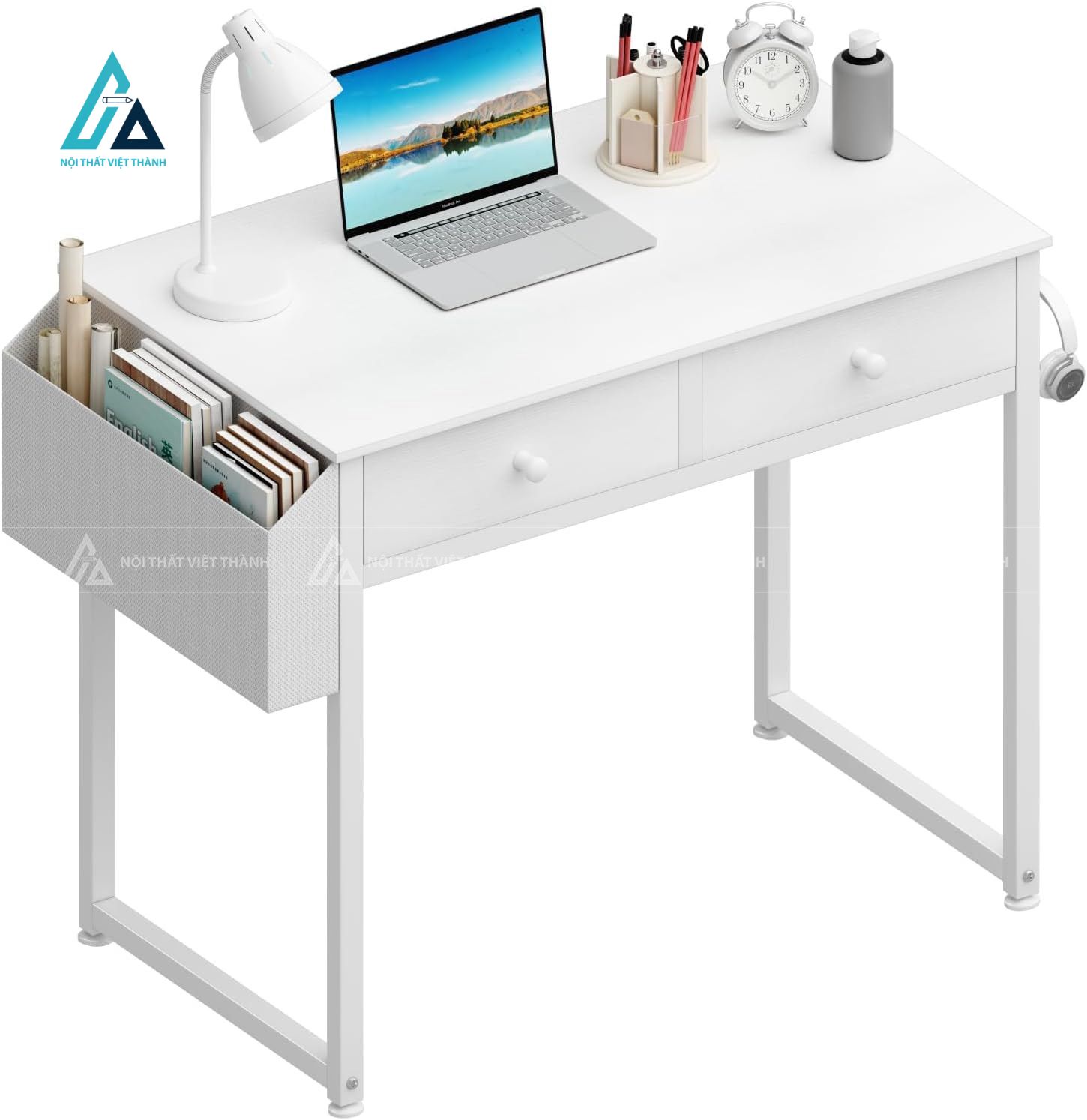 Bàn Học Sinh Màu Trắng Tối Giản Có Kệ Đựng Tài Liệu Bên Hông