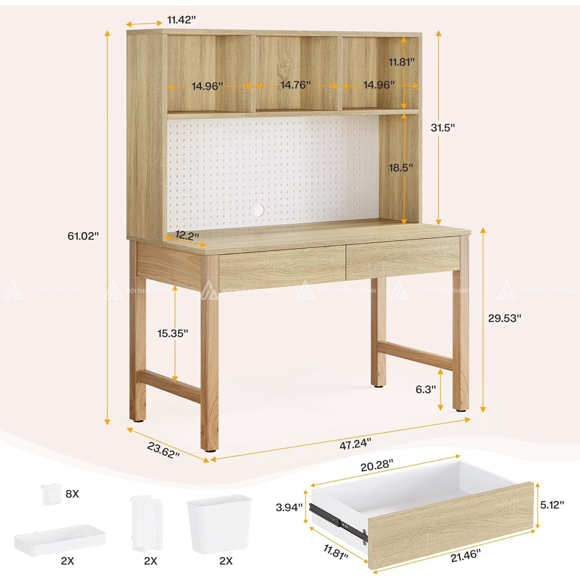 Bàn Học Gỗ Hiện Đại Màu Sáng Có Ngăn Kéo Và Kệ Đồ Nhiều Ngăn 2