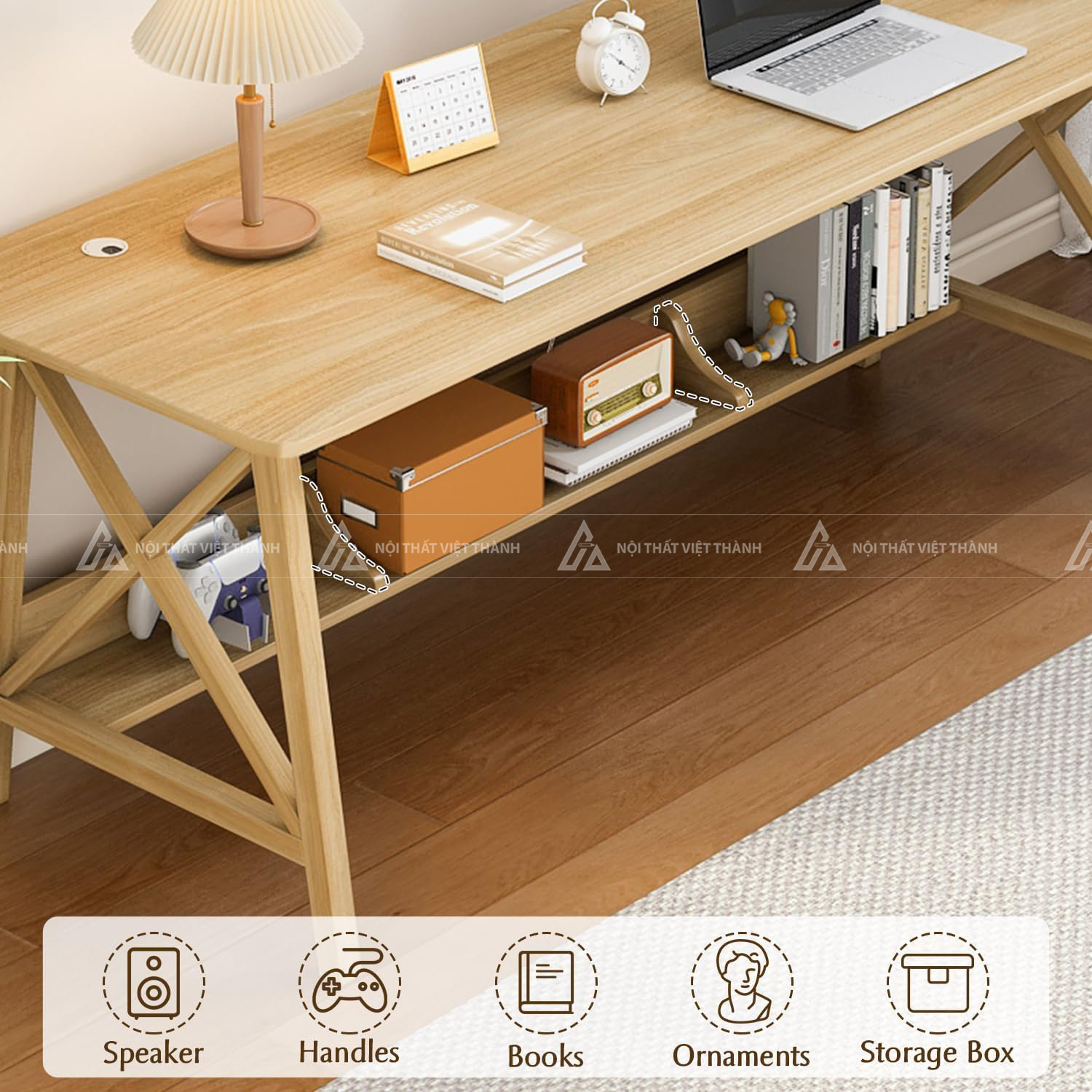 Bàn Học Sinh Dáng Dài Khung Gỗ Chân Chữ X Hiện Đại 4