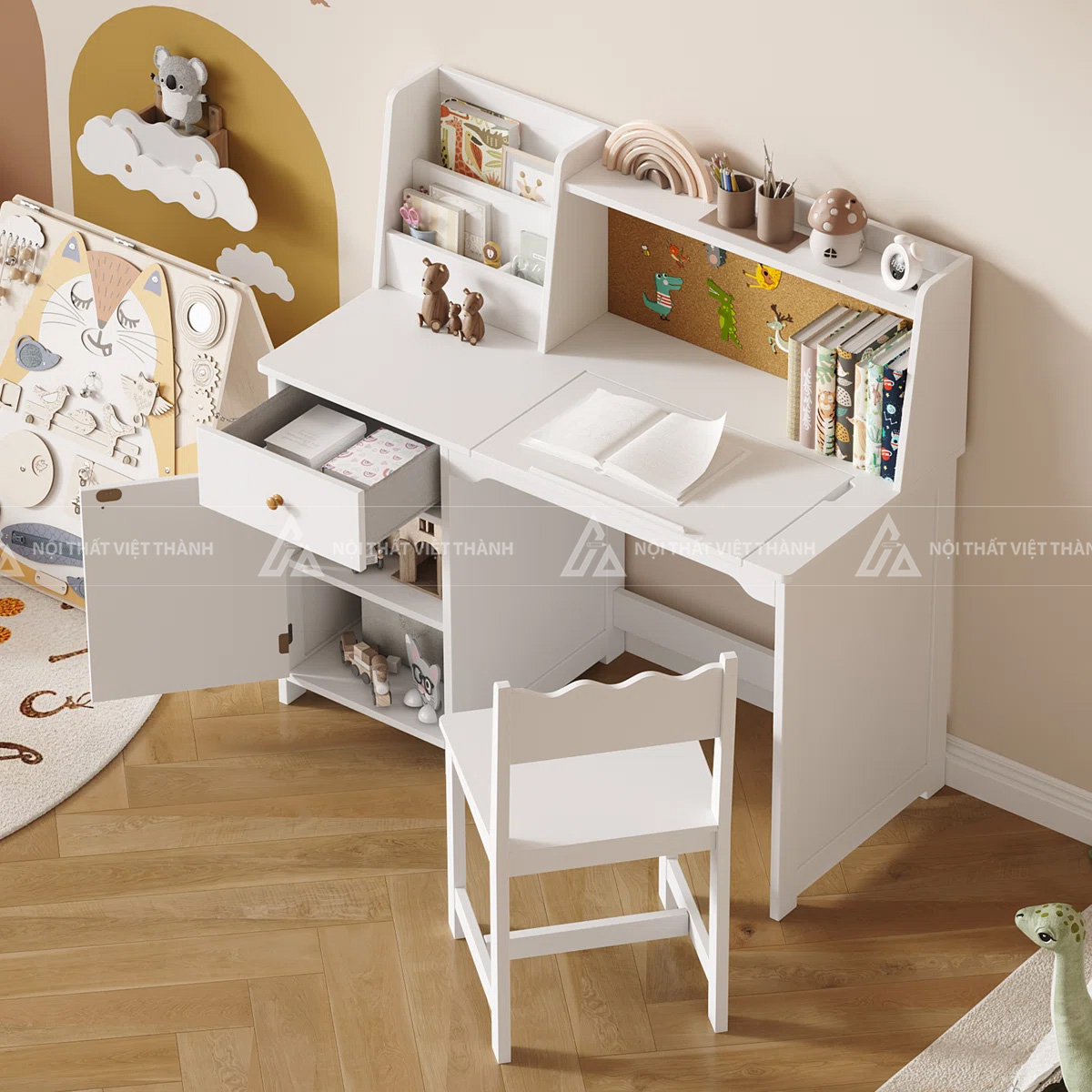Bàn Học Gỗ Hiện Đại Tích Hợp Kệ Để Sách Và Bảng Note Cho Bé 4