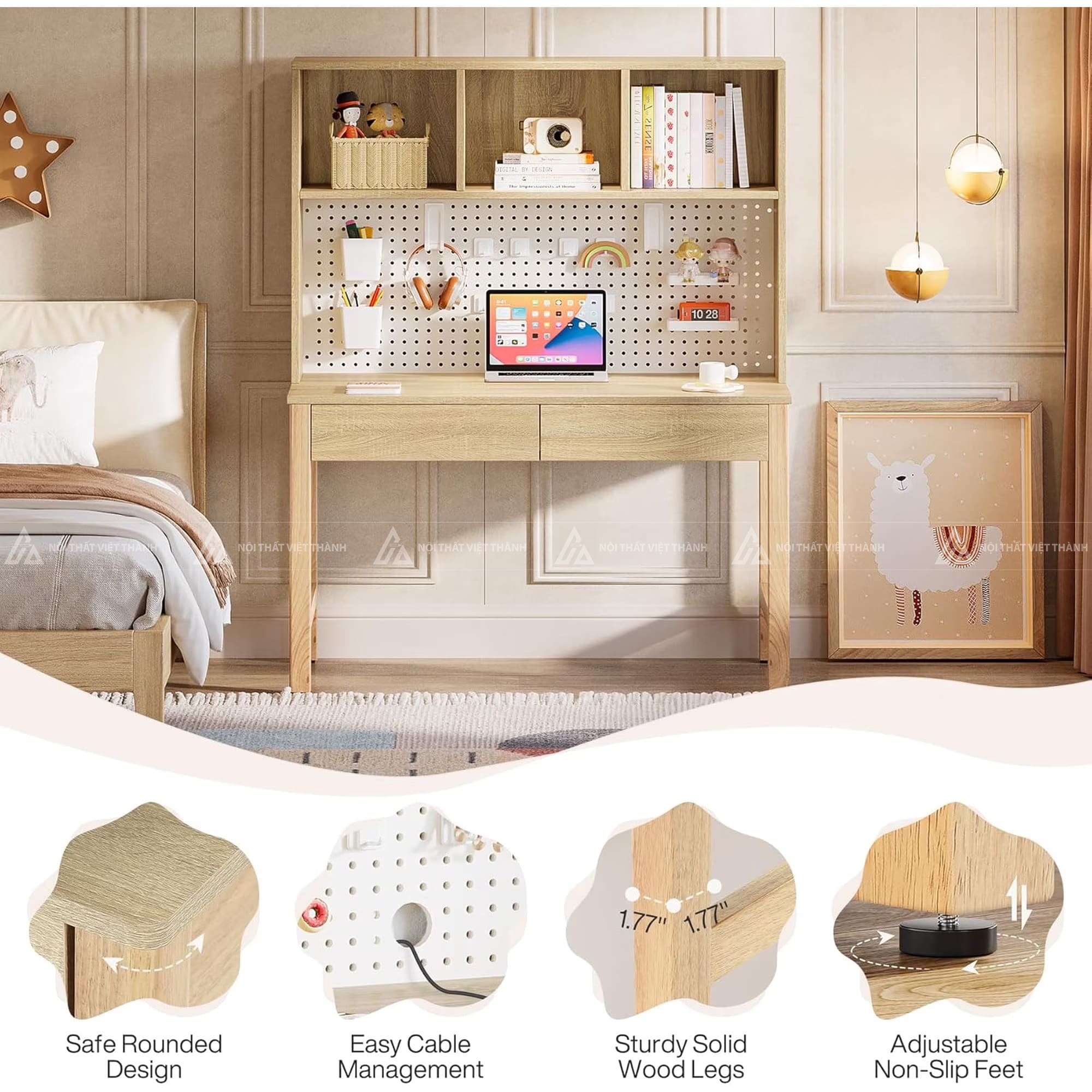 Bàn Học Gỗ Hiện Đại Màu Sáng Có Ngăn Kéo Và Kệ Đồ Nhiều Ngăn 3