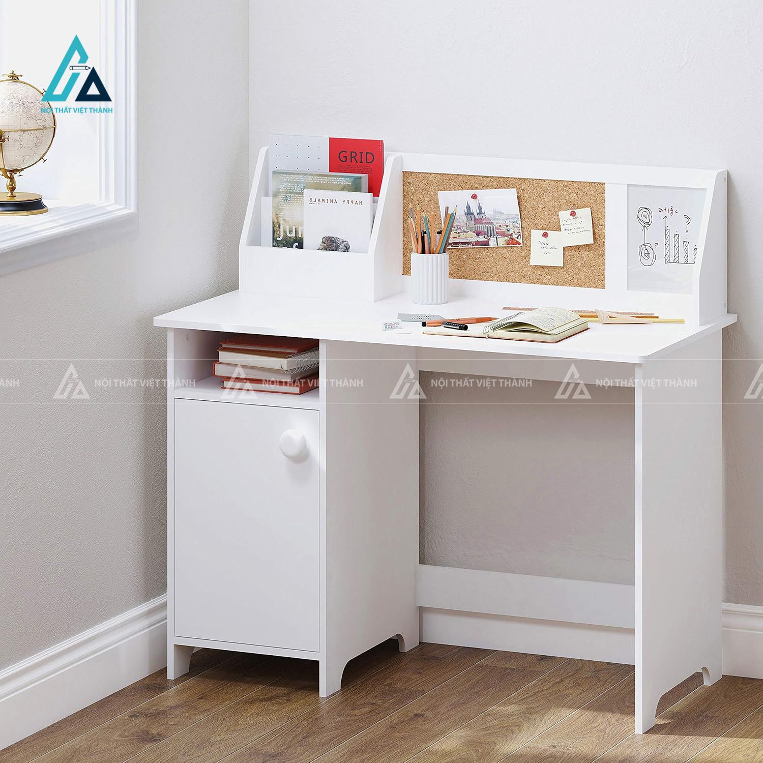 Bàn Học Trẻ Em Màu Trắng Tích Hợp Kệ Để Tài Liệu Thông Minh