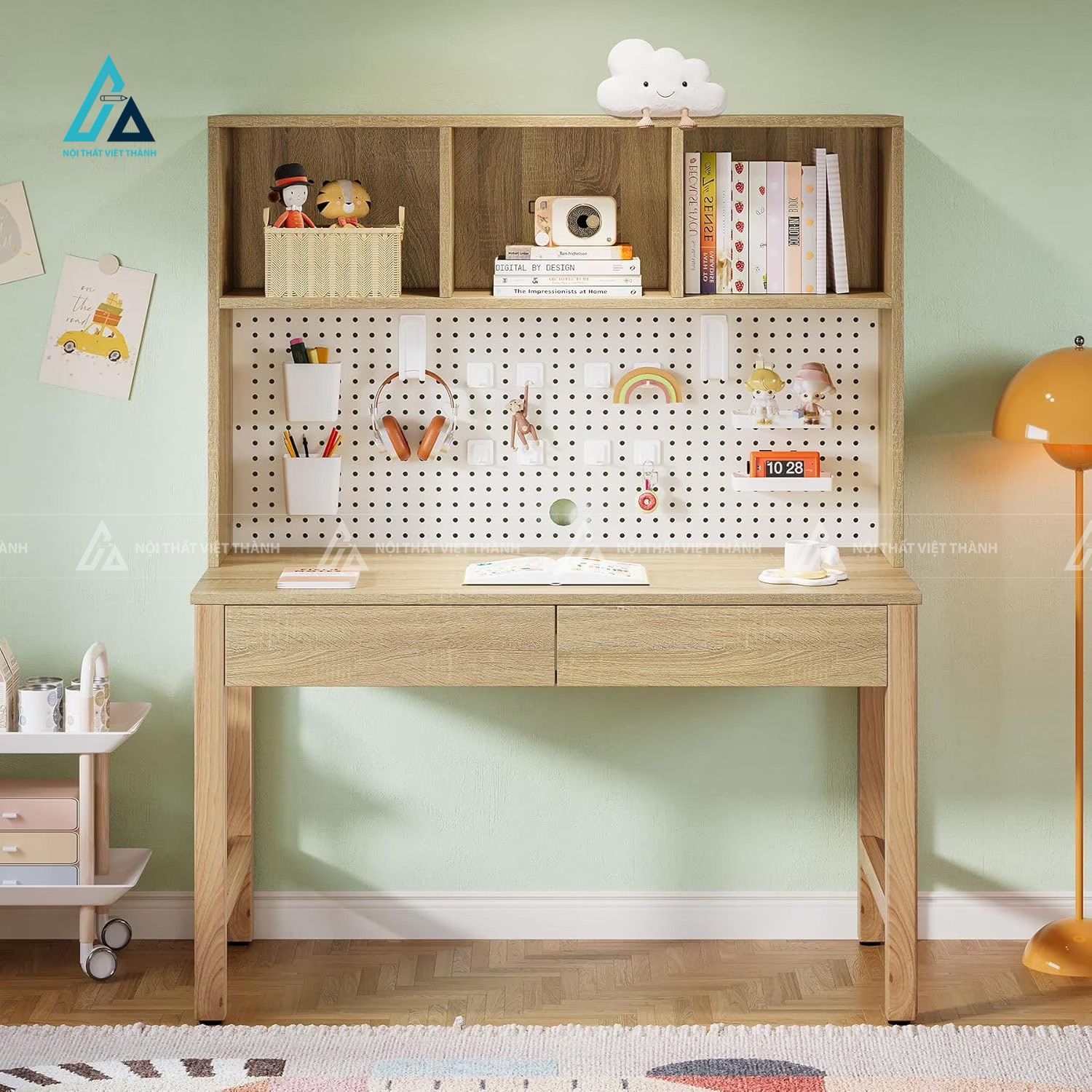 Bàn Học Gỗ Hiện Đại Màu Sáng Có Ngăn Kéo Và Kệ Đồ Nhiều Ngăn 4