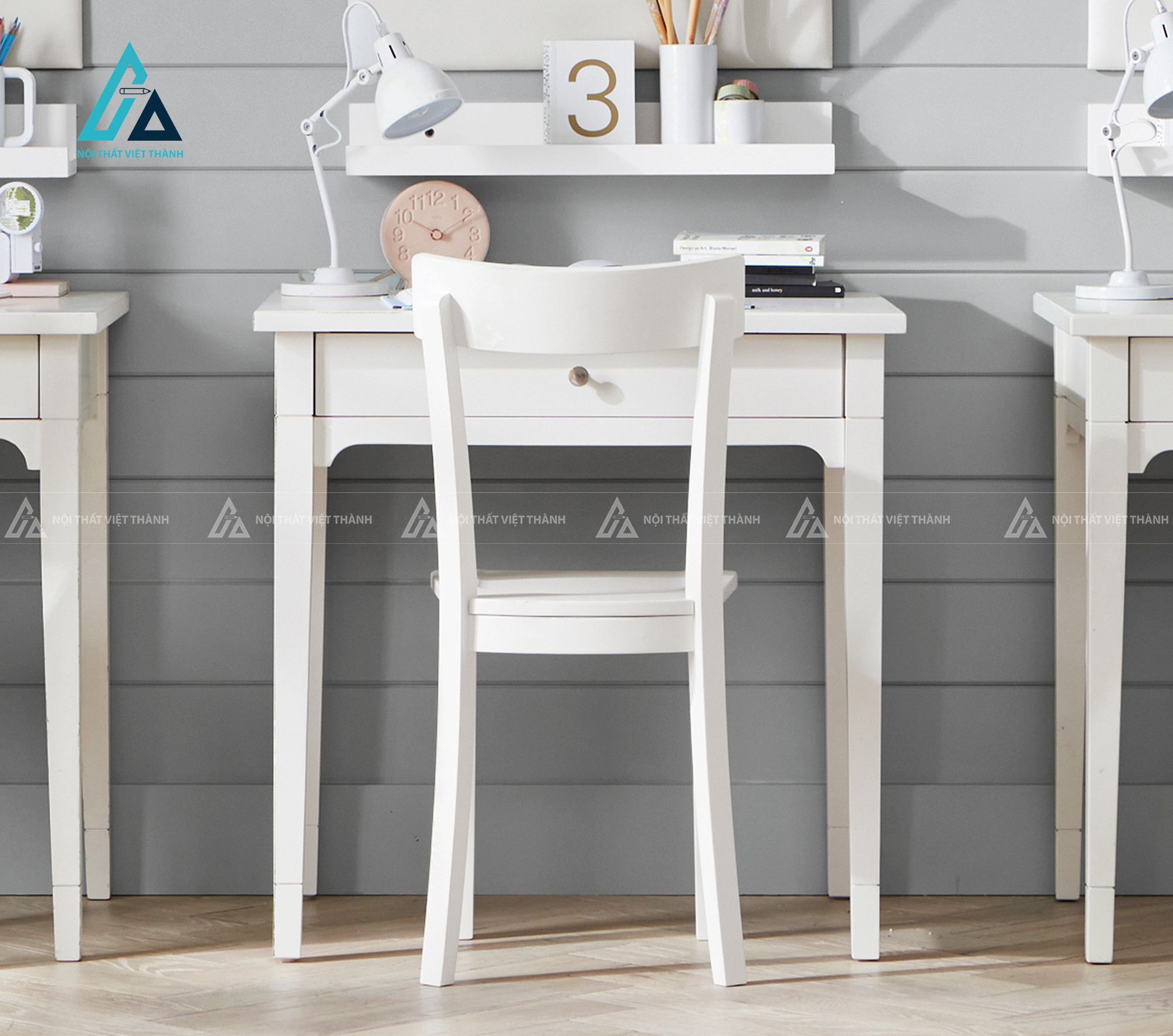 Bàn Học Sinh Màu Trắng Có Kệ Sách Mini Và 3 Ngăn Kéo Tiện Lợi
