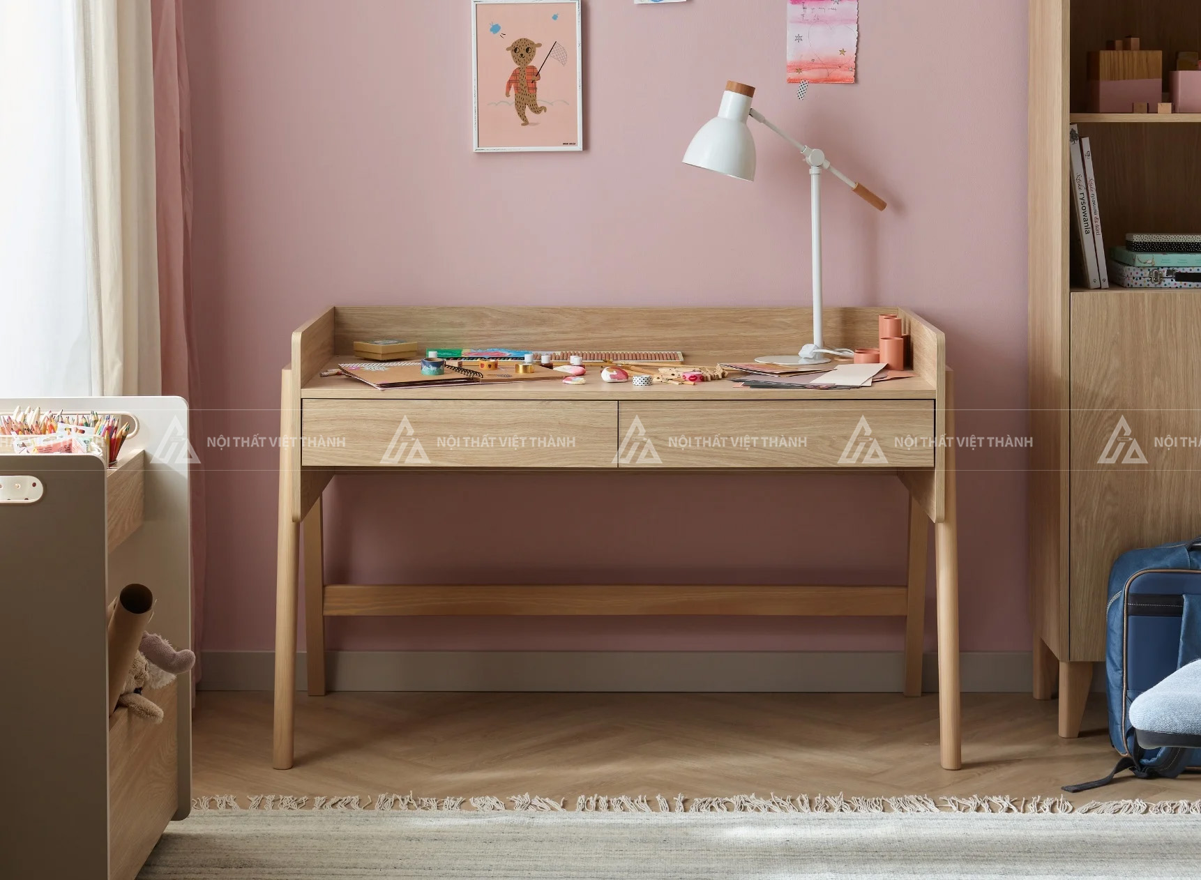 Bàn Học Sinh Gỗ Sồi Thiết Kế Gờ Chắn Ba Cạnh Chống Rơi Đồ 5