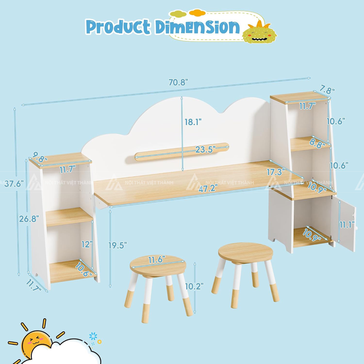 Bàn Học Đôi Cho Bé Hình Đám Mây Sáng Tạo Dễ Thương 5