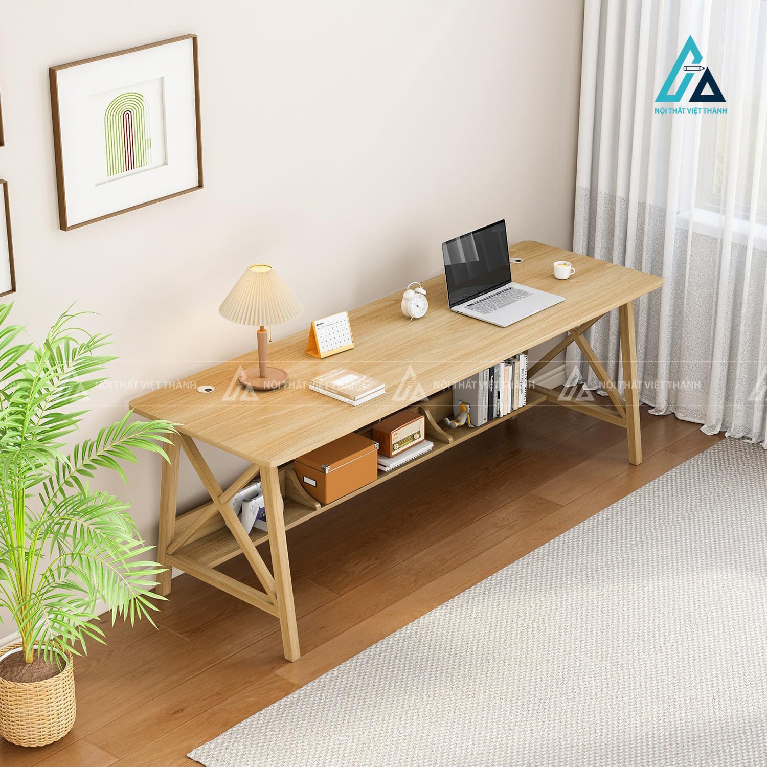 Bàn Học Sinh Dáng Dài Khung Gỗ Chân Chữ X Hiện Đại 1