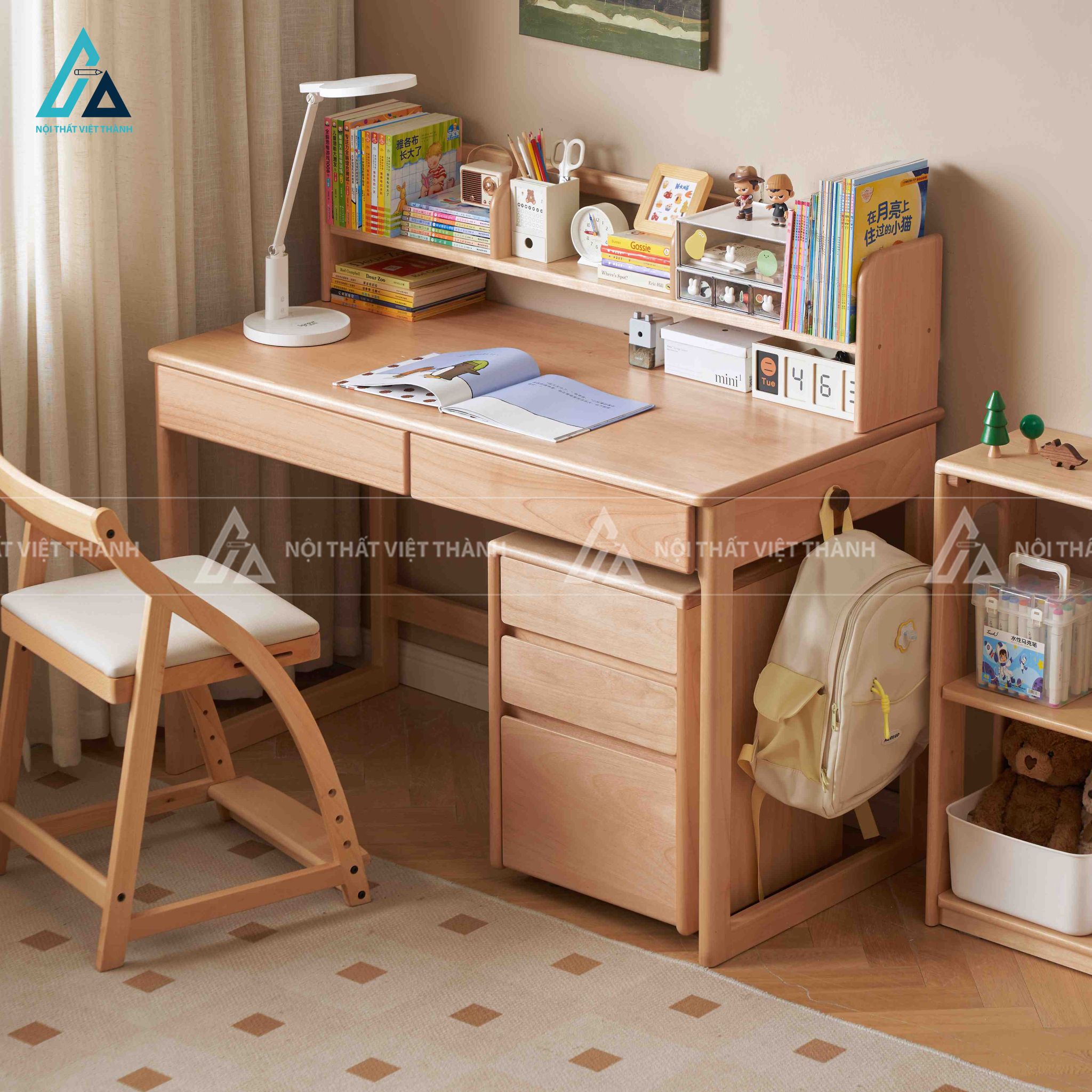 Bàn Học Sinh Thiết Kế Liền Giá Sách Và Tủ Ngăn Kéo Di Động 1